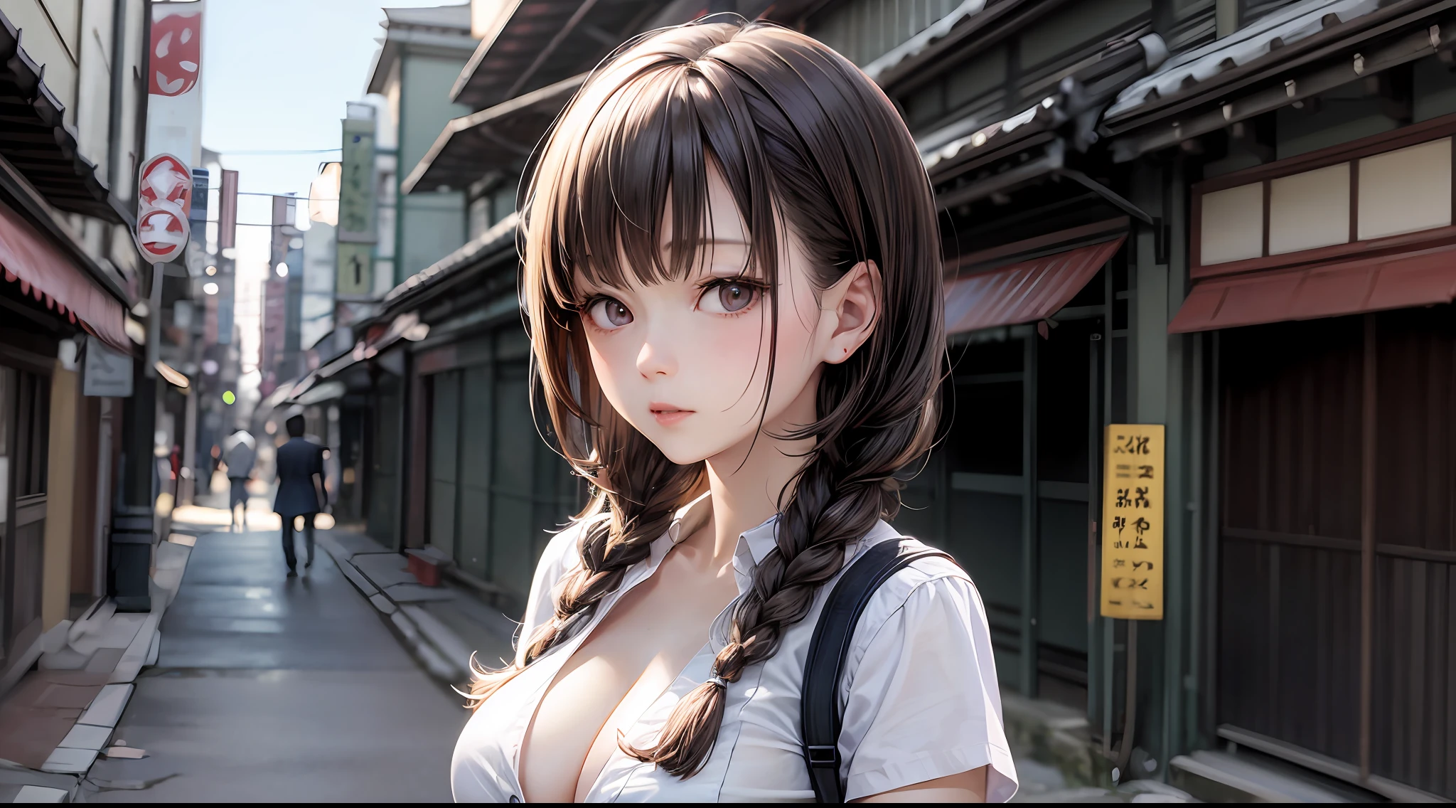 （chainsawman、Makima）、Brown skin、Japan schoolgirl uniform、（Orange braid）、Young、Cute、a beautifulchi girl、Perfect style、HugeBoobs、Emphasizes cleavage、deadpan、Realstic、Realistic、８ｋ、intensely detailed、HighestQuality、Top image quality、UltraHighResolution、A masterpice、only girl、（The background is the Kaminarimon of Japan）、