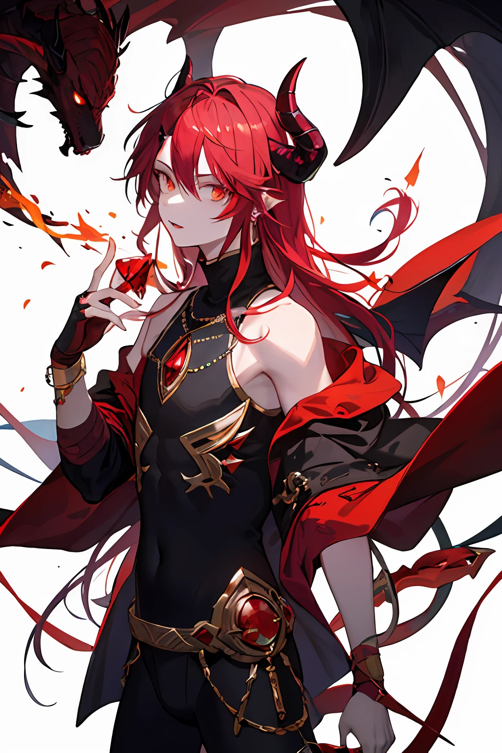 male pubic hair、red tinted hair、shonen、long haired、Gold eyes、demon king、Devil's horn in the shape of a red gem、Black turtleneck sleeveless tights、jeweled accents、Red pupils、red dragon、Transparent Devil Horn、Cloak decorated with gemstones