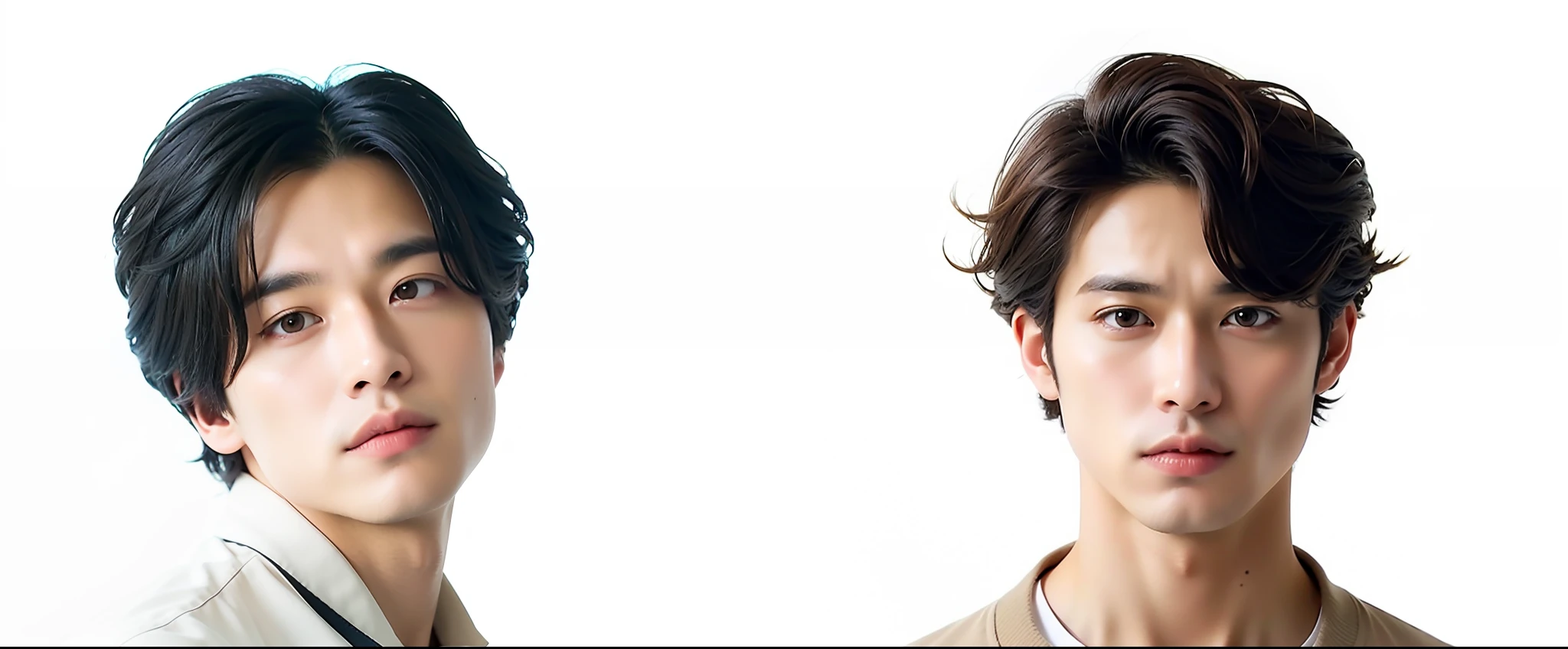 There are two men with different hairstyles.、One is wearing a white shirt, with same hairstyle, with round face, without background, handsome face and beautiful face, No background, male face and bust, Prominent Jawline, round jawline, banner, headshot and bodyshot, boy thin face, without text, Assuming々Shishi Face, background removed, two anime handsome men