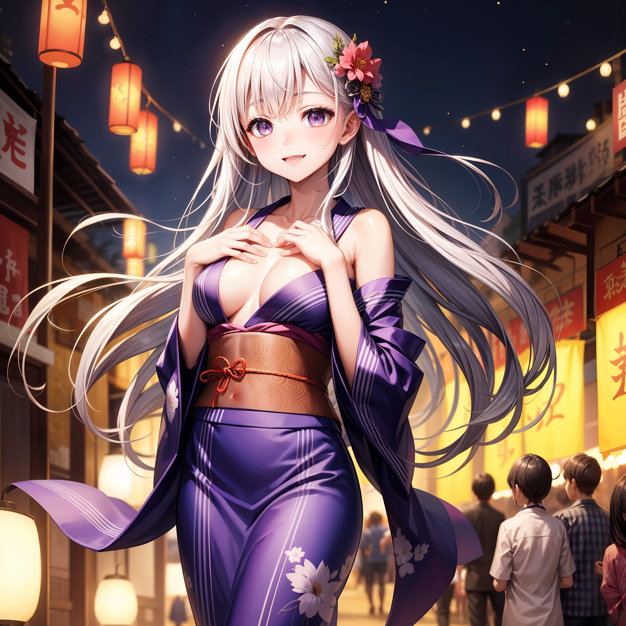 HighestQuality、One girl、has silver hair、Longhaire、Purple yukata、smile on face、Hand on chest、large tits、Emphasis on the chest、beauty legs、Small face、Big eyes、Hair fluttering in the wind、Summer Festivals、夜晚、Background blur、Few people、A masterpice