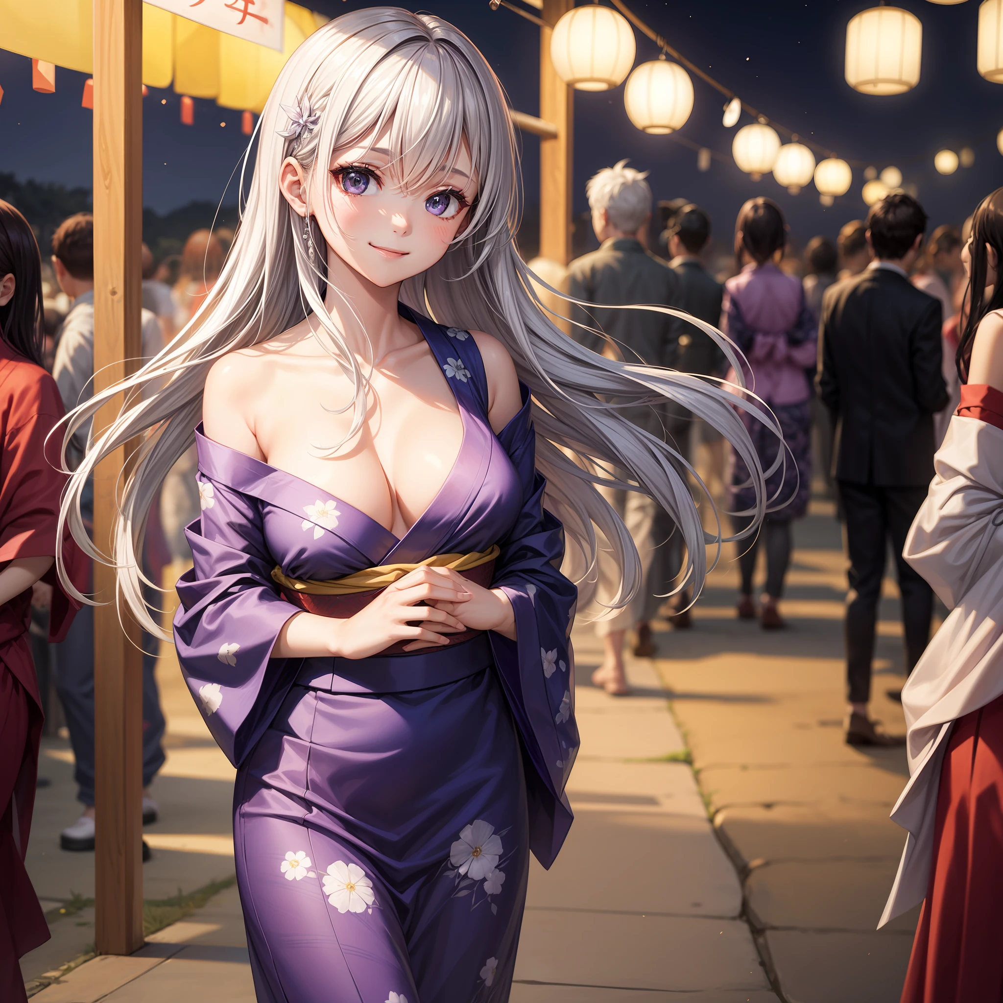 HighestQuality、One girl、has silver hair、Longhaire、Purple yukata、smile on face、Hand on chest、large tits、Emphasis on the chest、beauty legs、Small face、Big eyes、Hair fluttering in the wind、Summer Festivals、夜晚、Background blur、Few people、A masterpice