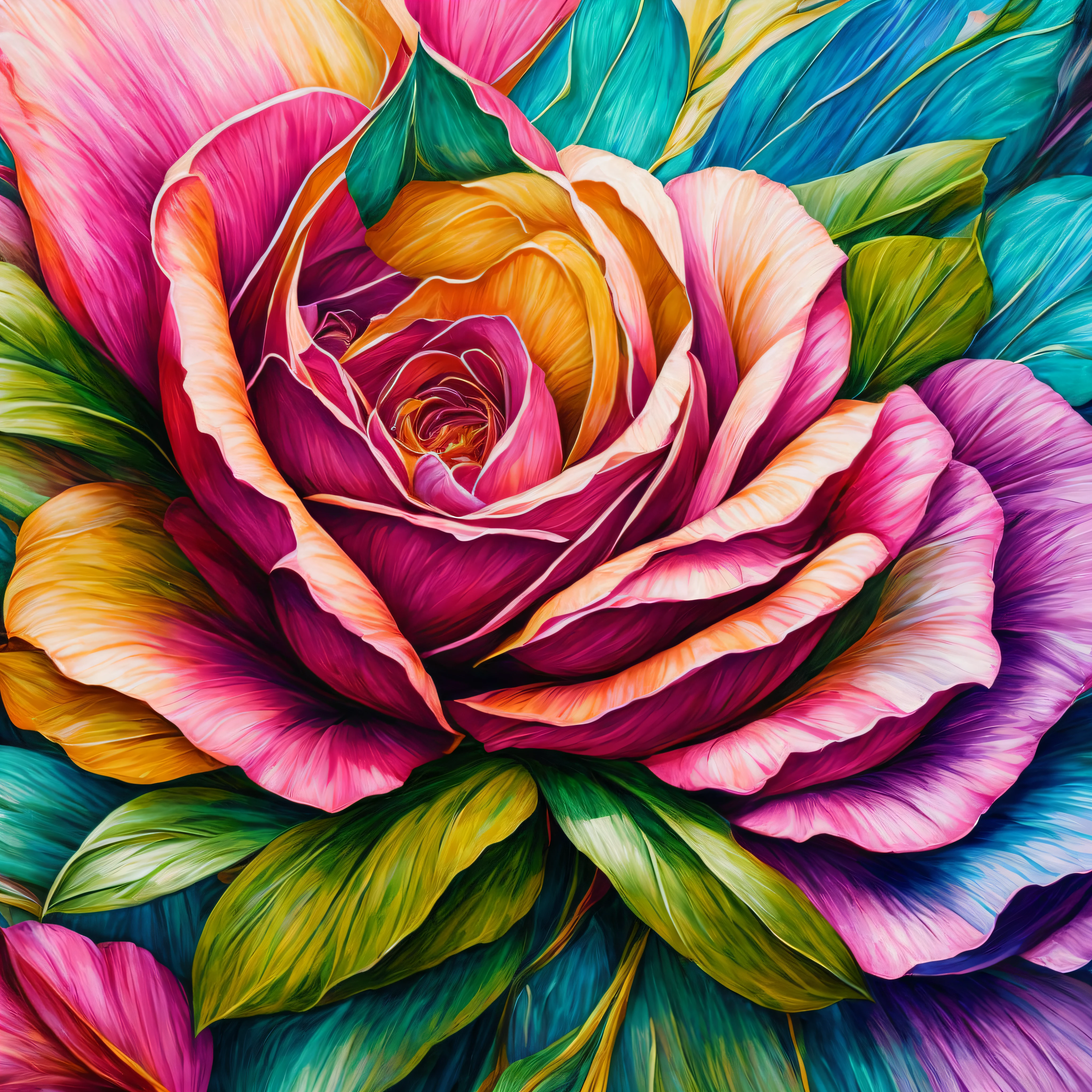 um close up de uma pintura de uma rosa rosa com folhas verdes, rose twining, arte perfeita finamente detalhada, Belas artes altamente detalhadas, arte altamente detalhada, detalhes intrincados hiperrealistas, multi-layered artworks, giant mechanical rose, beleza intrincada, arte extremamente detalhada, arte deslumbrante, enquadramento impressionante, arte intrincadamente detalhada, Intrincado, arte em papel em camadas --auto