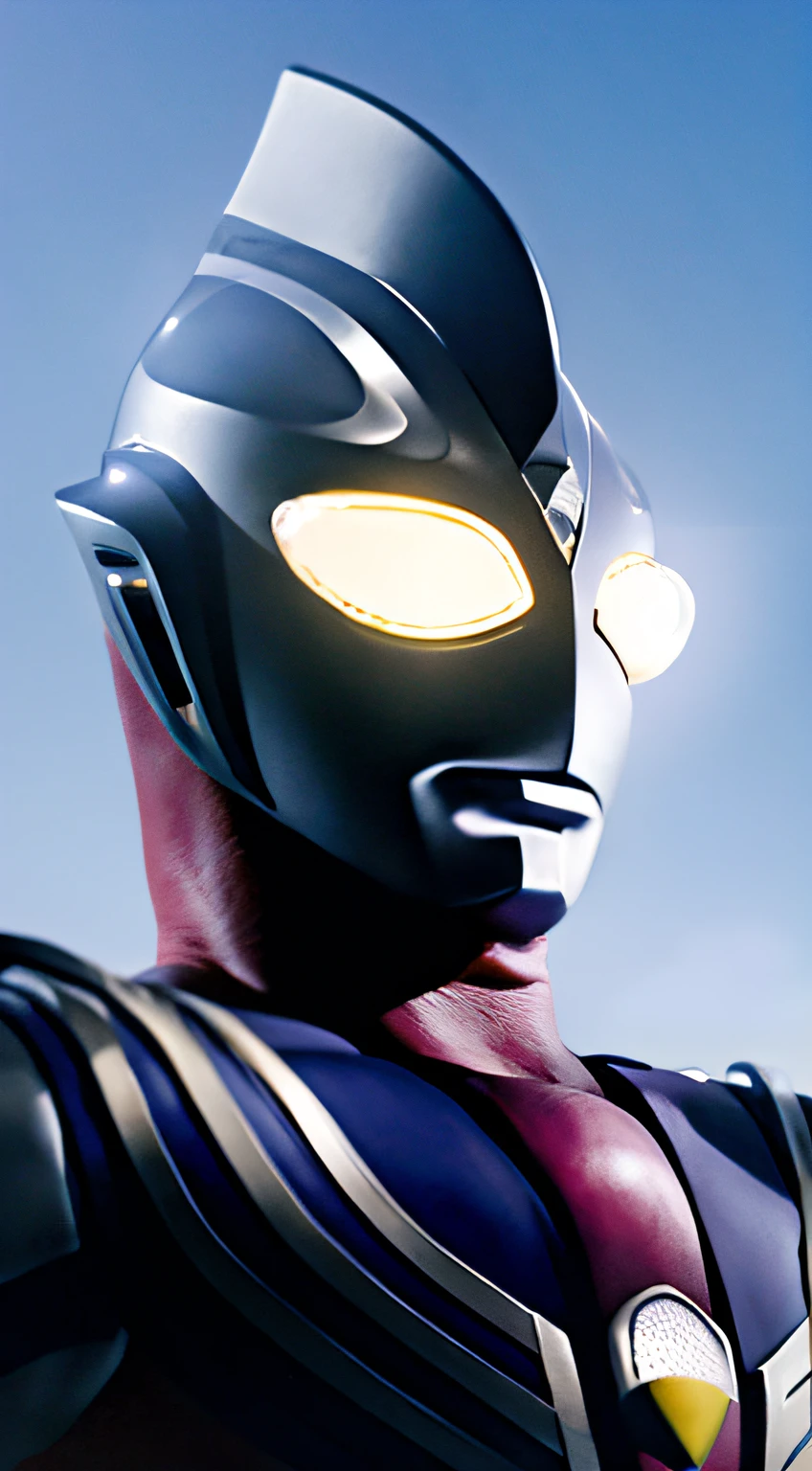 masterpiece, best quality, 1boy, alien, glowing eyes, male focus, tokusatsu, glowing, solo, yellow eyes, upper body, white eyes, bodysuit, no humans,building,