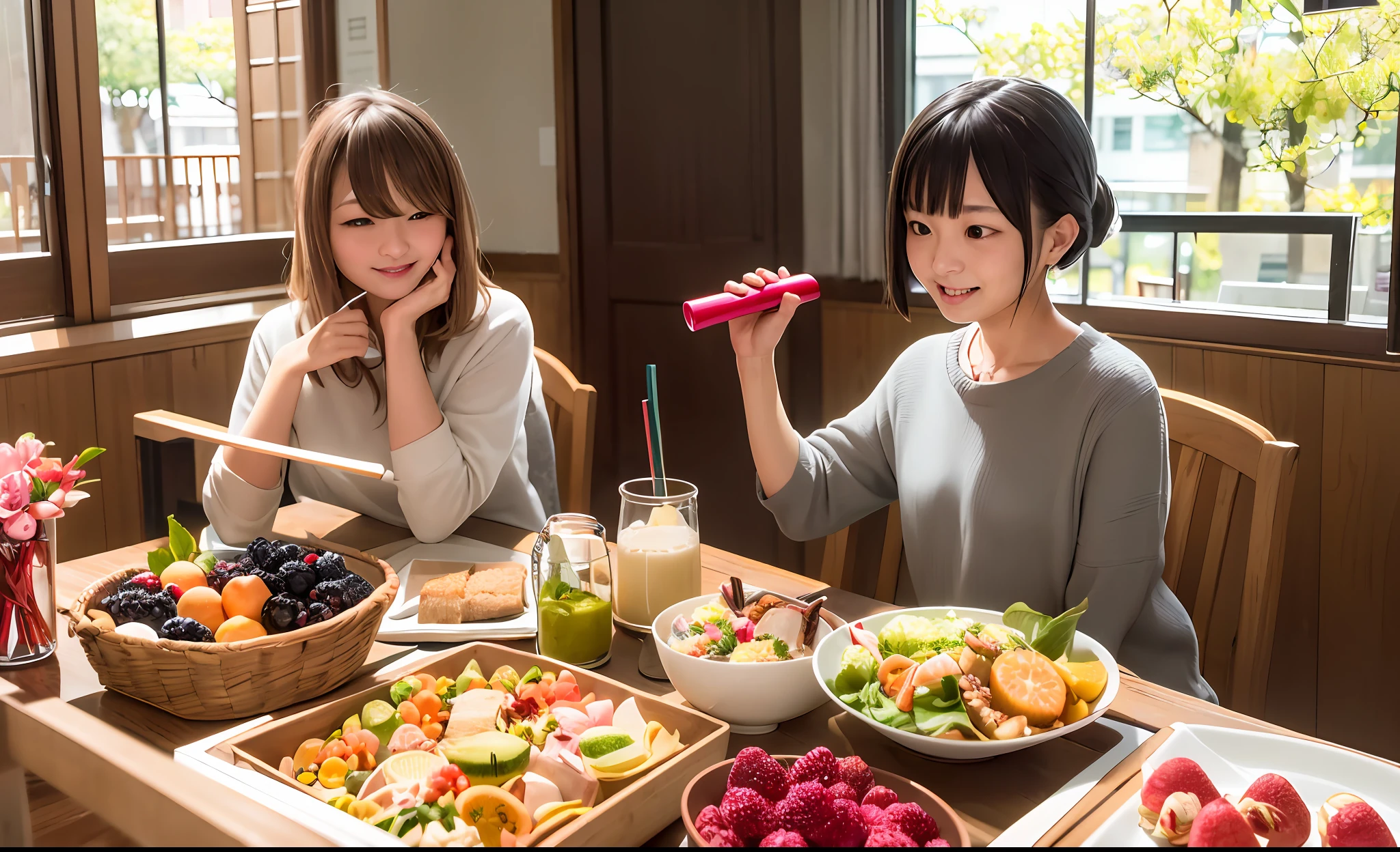 woman sitting at a table with a blender and a bunch of fruit, a picture by Nishida Shun'ei, tumblr, shin hanga, sakimichan, Larisa Manobal, iwakura lain, chiho, deayami kojima, sakimichan, Shiori Teshirogi, 奈良美智