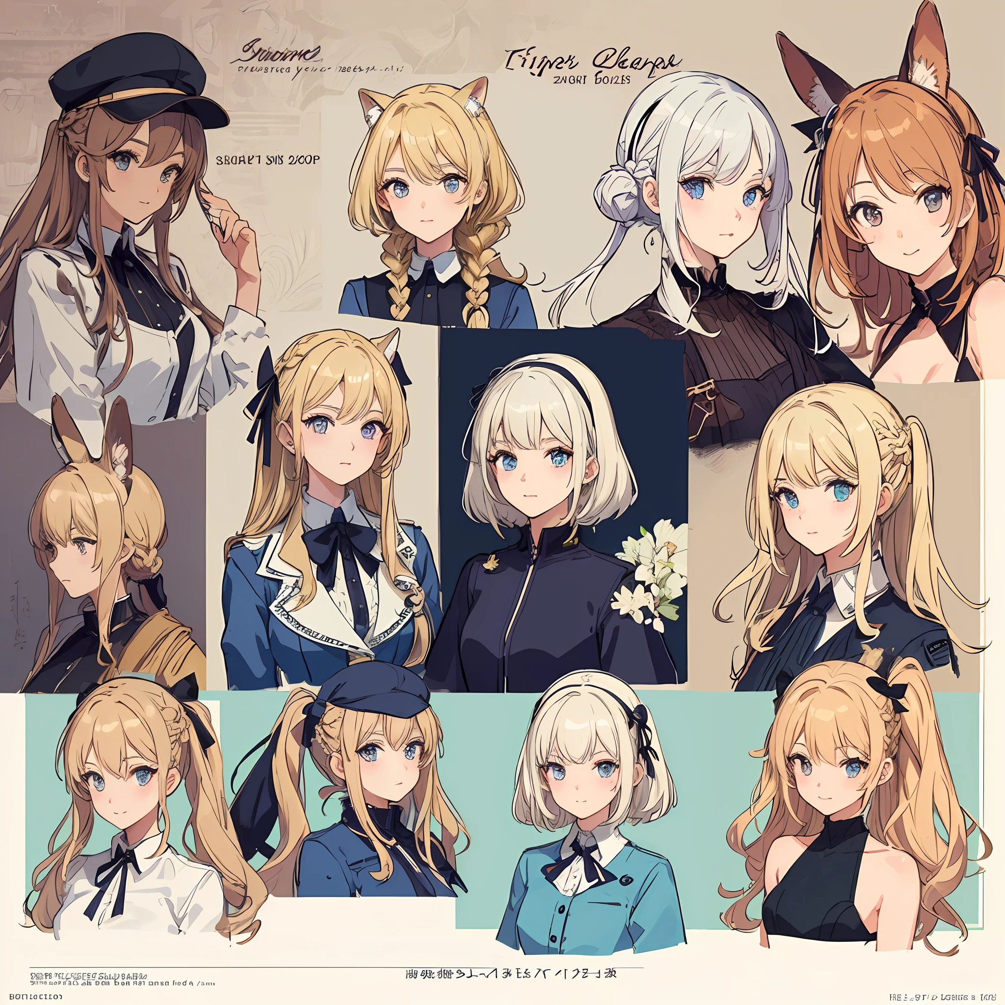 Rabbit ears, squadron, squadron costume, 80s fashion, city pop color, (character design sheet, front, back, side, same character), background is simple, pigtails, small, female brat, thick eyebrows, thin waist, beautiful blonde, braid, (masterpiece), ((highest quality)), (super detailed), girl, (beautiful eyes)), beautiful detailed eyes, clean and detailed face, five fingers, textile shading, perfect anatomy,