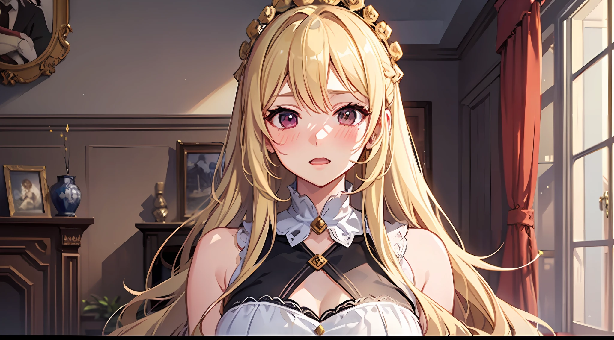 1Women,(Long fluffy blonde hair:1.6),one piece dress,Mature woman,Rich and noble families,In a villa,Stand in front of the sofa in the living room,It was dark,There is moonshine,There are lights in the living room,Ultra-detailed CG,exquisite facial features,Clear facial expressions,Detailed digital anime art,digital anime art,High quality anime art style,Shy, Blush, Ear blush, full blush, flustered