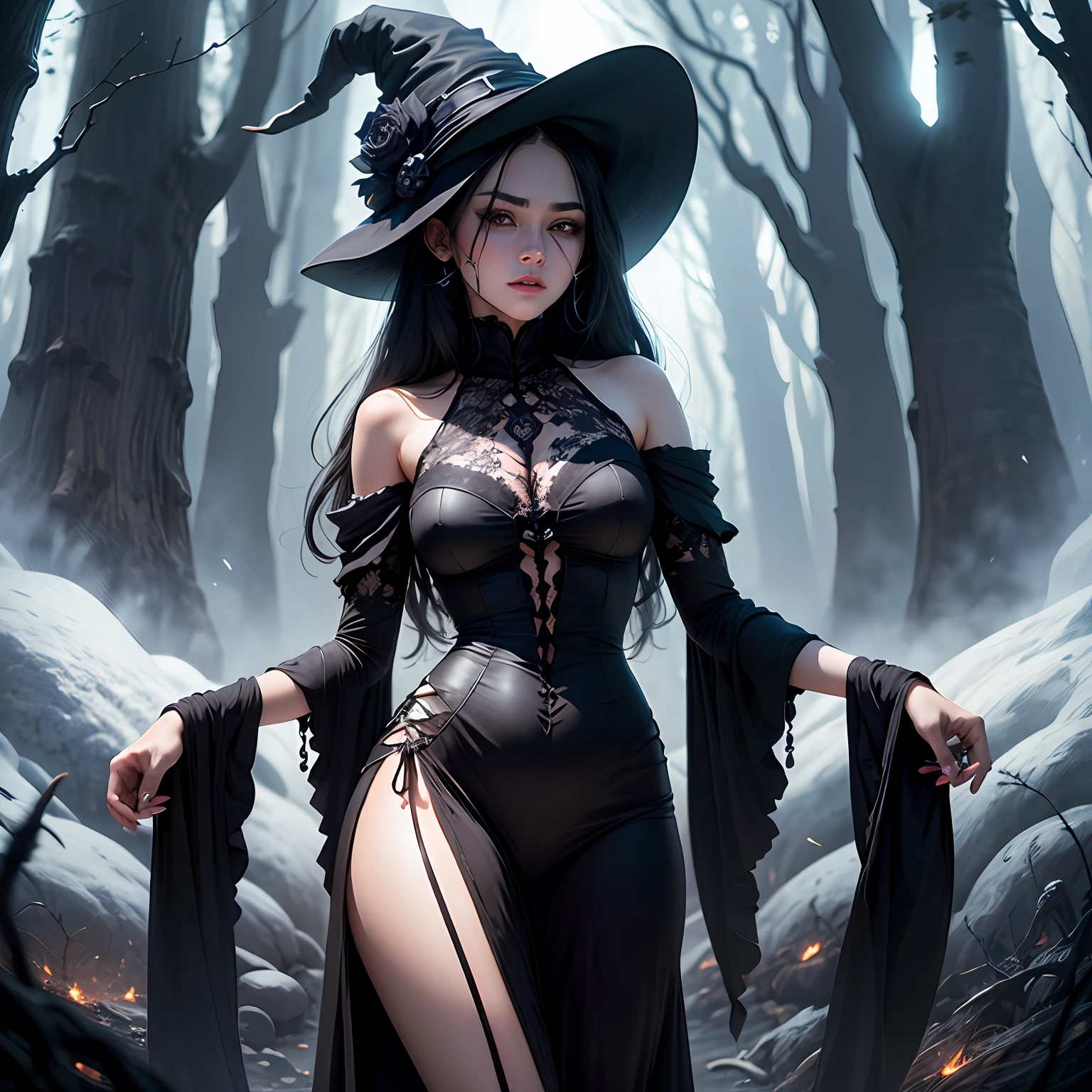 masterpiece, best quality, masterpiece, (1 girl), (LLChar), Evil Witch, Dark Energy, Void, Eyes of the Sky, (Very Wicked), Dark Magic, Dark Forest, Negative Energy, Hell, Void, Star, Black Hair,