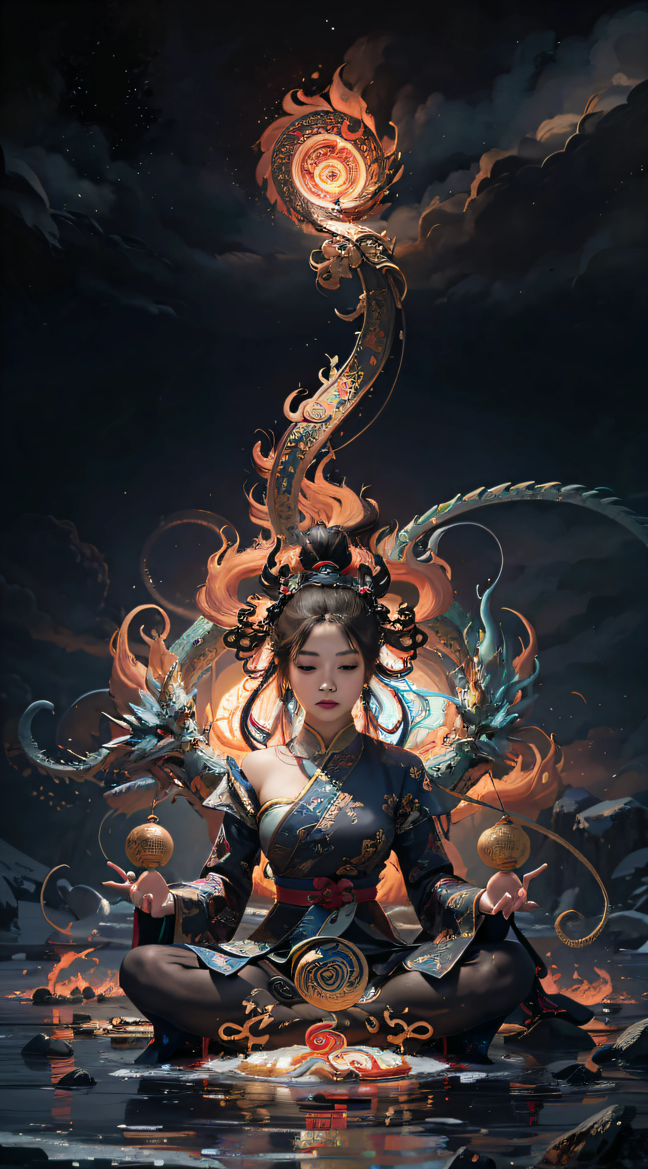 (harmony, balance, yin-yang), Chinese silk painting, Tai Chi principles, fluid motion, interconnected elements, the interplay of contrasting forces, Daoist philosophy, a touch of the I Ching, warm and cool color palette, reflective art, inspired by Laozi, Zhuangzi, Yin Yang diagrams, Taijitu, the Bagua, the fusion of the spiritual and the physical,1girl,solo, grabbing breasts,, daoist, summon magic, cinematic lighting, fire and ice split, bagua background, circular bagua, yi yang, daoist practice, mediation sit, buddha sit, spiral loong, cloud loong at the top,