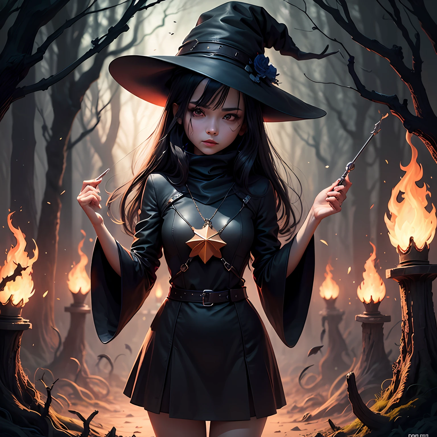 masterpiece, best quality, masterpiece, (1 girl), (LLChar), Evil Witch, Dark Energy, Void, Eyes of the Sky, (Very Wicked), Dark Magic, Dark Forest, Negative Energy, Hell, Void, Star, Black Hair,