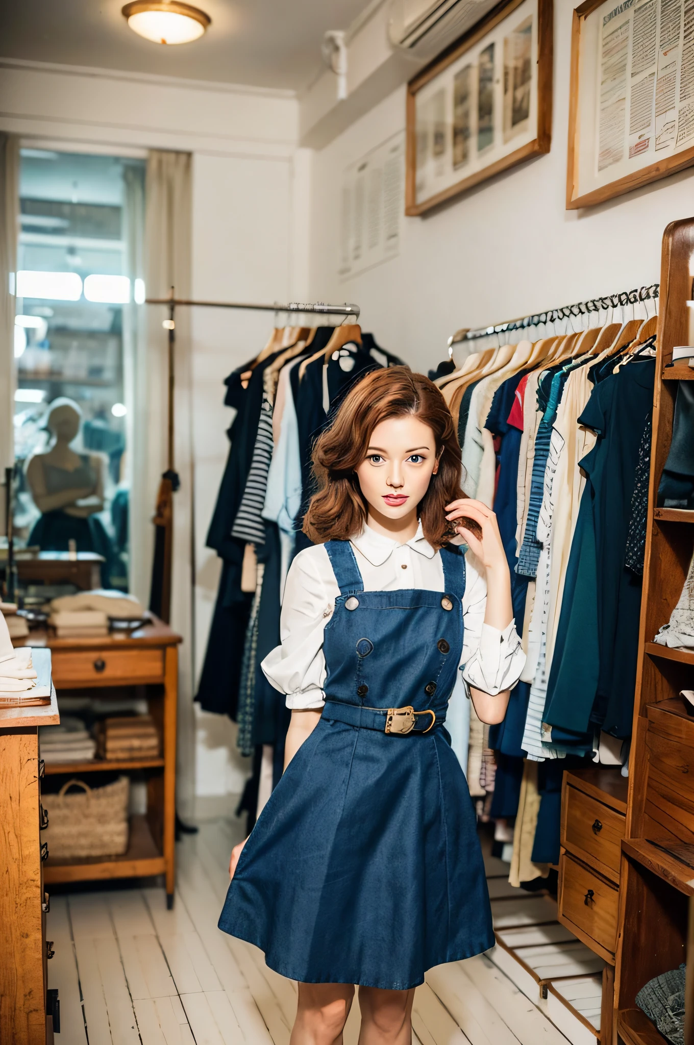 Seamstress, A (pretty young woman:1.1) with pinned-up auburn hair, hazel eyes, fair skin, slim build, wearing a vintage style (work dress:1.2) with a tape measure around her neck, (flat shoes:1.1). Set in a quaint English tailoring shop, filled with rolls of fabric, wooden mannequins, antique sewing machines, and well-tailored dresses displayed on hangers.