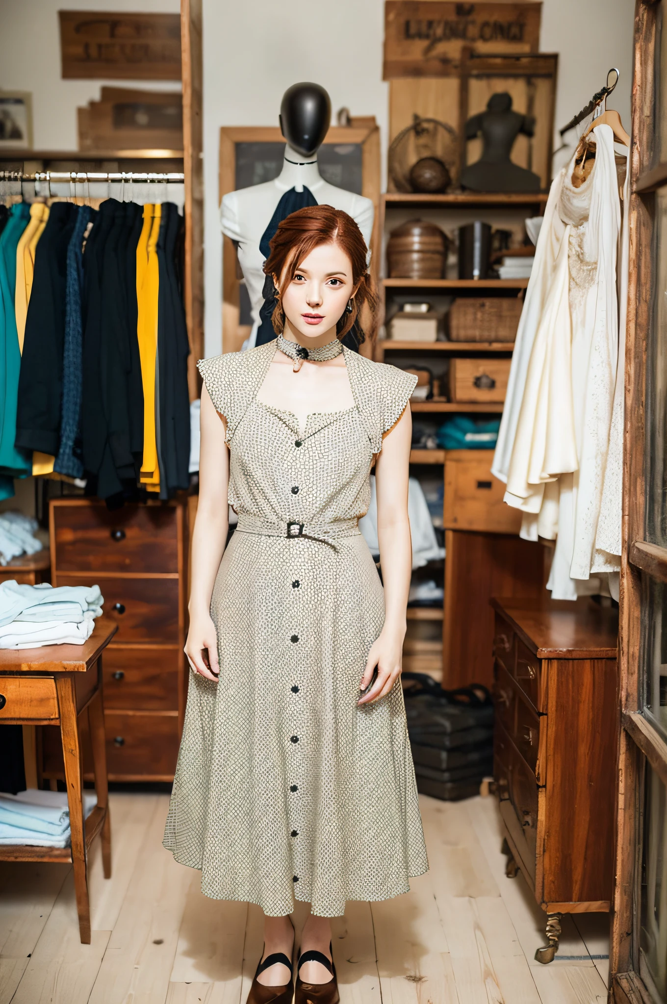 Seamstress, A (pretty young woman:1.1) with pinned-up auburn hair, hazel eyes, fair skin, slim build, wearing a vintage style (work dress:1.2) with a tape measure around her neck, (flat shoes:1.1). Set in a quaint English tailoring shop, filled with rolls of fabric, wooden mannequins, antique sewing machines, and well-tailored dresses displayed on hangers.
