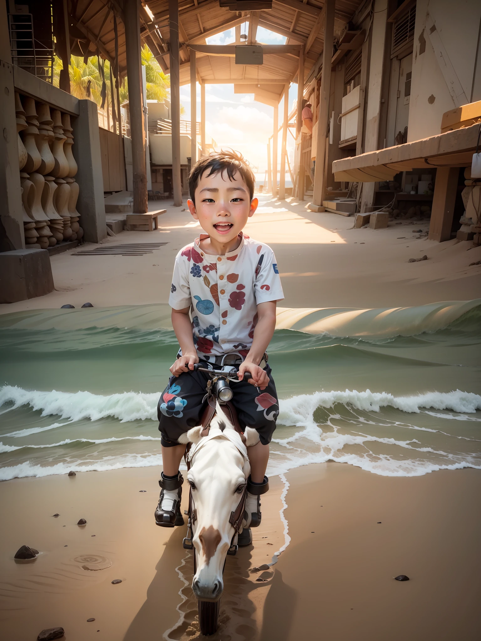 This boy riding a horse beside the waves on the beach