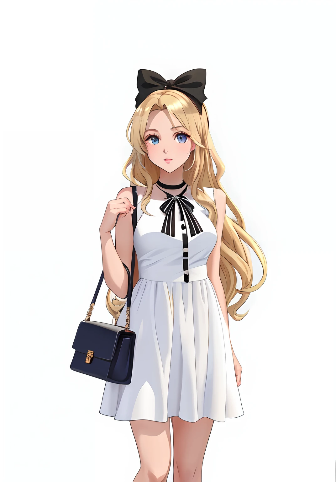 blond haired girl in white dress with a bag and a bow, IMVU, lblsck cabelo, roupa branca inchada, Pose de perfil glamouroso, roupa branca, Pose de Volta, vestido branco e dourado, anime barbie em branco, branco e dourado, corpo inteiro;, pele de ouro branco, Branco!!, vestido em um branco bonito, seasons!! : 🌸 ☀ 🍂 ❄