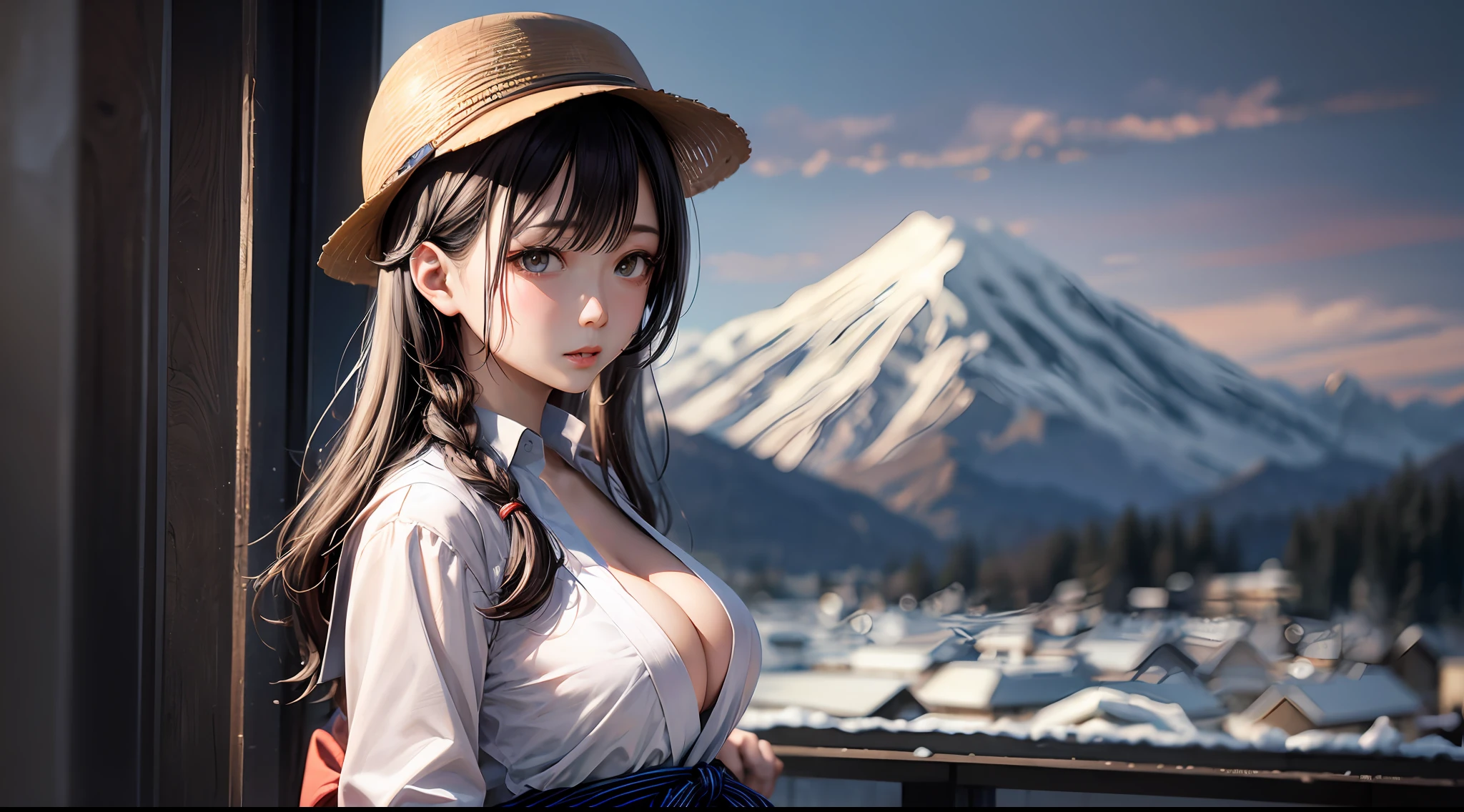 （chainsawman、Makima）、Brown skin、Japan schoolgirl uniform、（Orange braid）、Young、Cute、a beautifulchi girl、Perfect style、HugeBoobs、Emphasizes cleavage、deadpan、Realstic、Realistic、８ｋ、intensely detailed、HighestQuality、Top image quality、UltraHighResolution、A masterpice、only girl、（Snowy mountains in the background）、