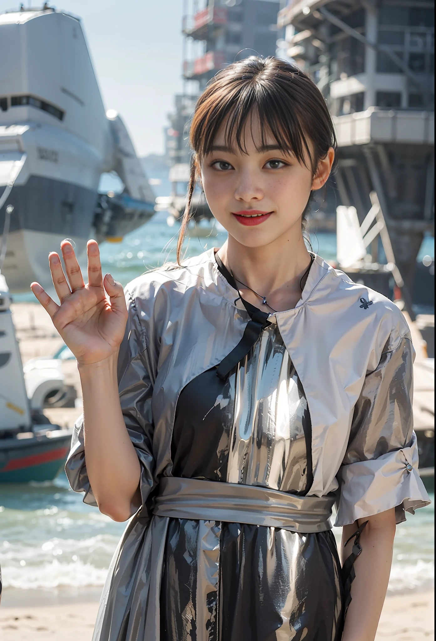 Best quality, delicate face, 25-year-old girl, slim body, body made of metal, small bust, metal structural skeleton, seaside, standing posture, beach, huge spaceship floating in the air, cyberpunk, sci-fi