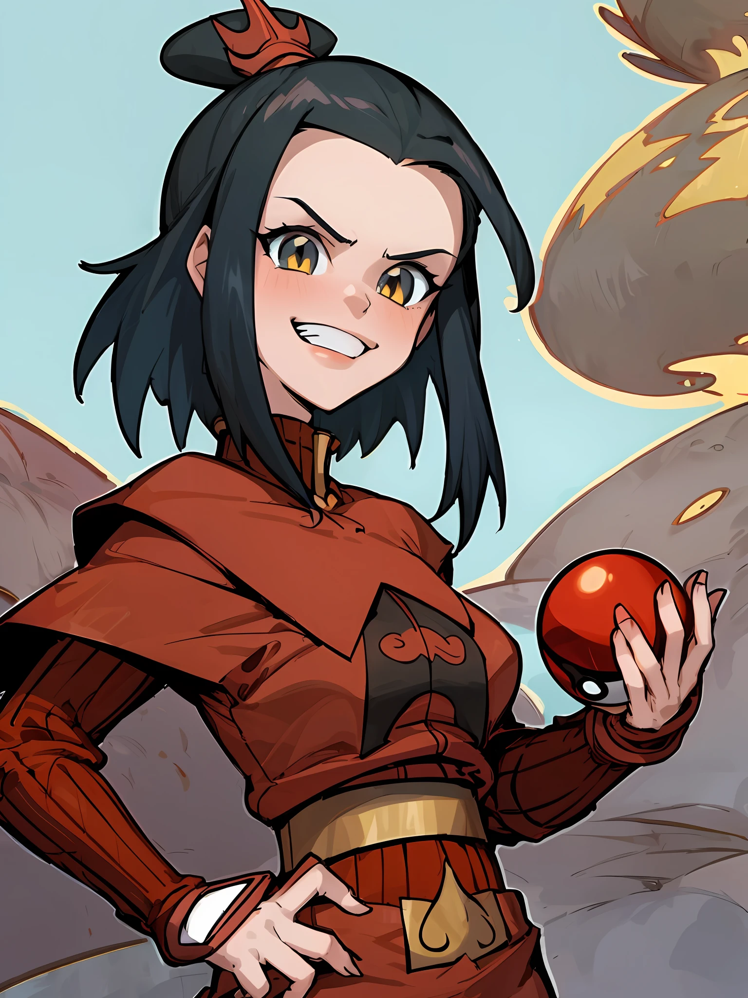 Best quality,(1girls, solo dance, Adult female, Mature female), Azurah, Black hair, Gold eyes, tmgoutfit, cruel grin, volcano background, holding pokeball