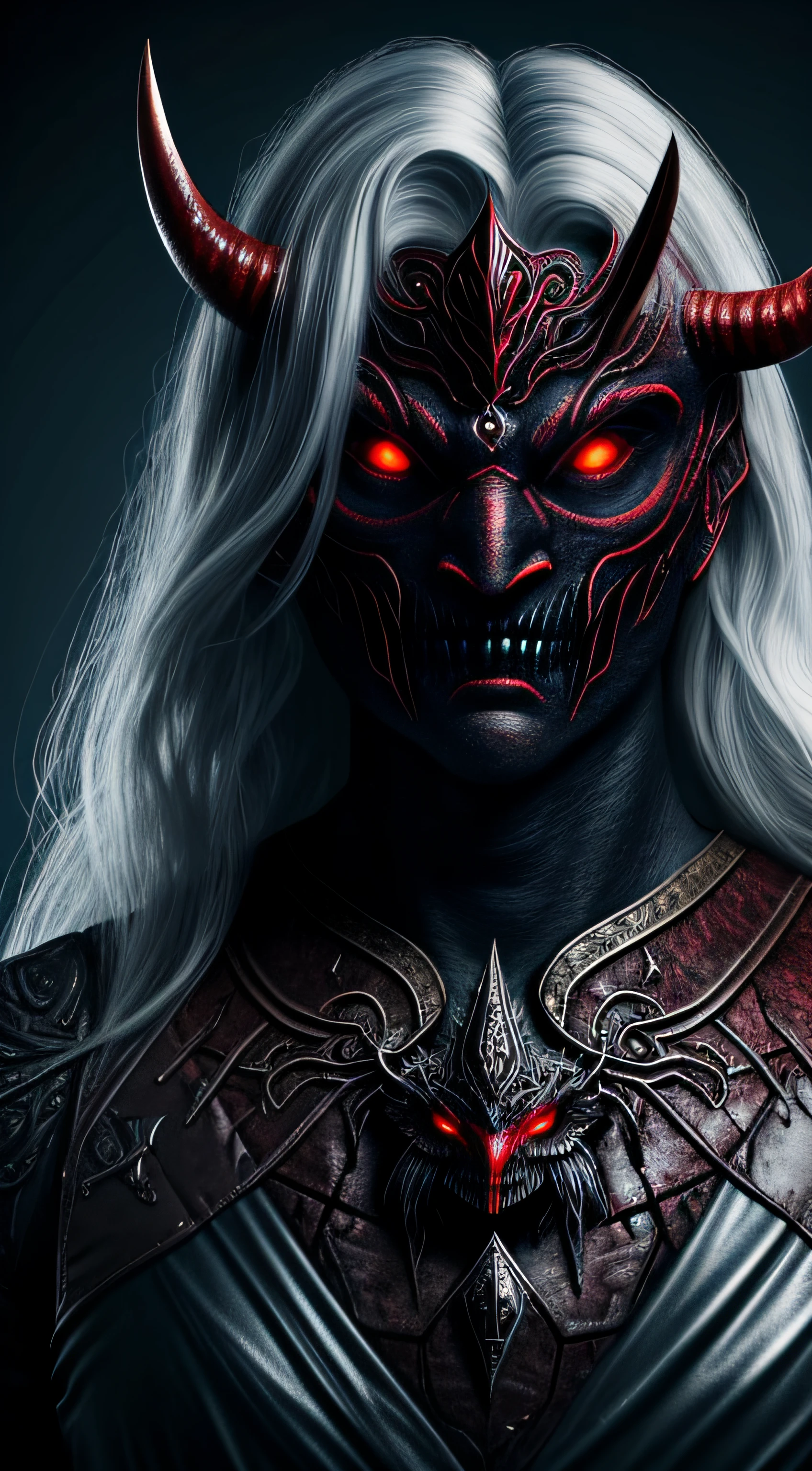 (extremely detailed 8k wallpaper), 3d render of a scary ONI creature with a devil mask and long horns, long flowing white-silver hair, glowing red eyes, disturbing face, scary, horror, creepy, highly detailed, intricate ornaments, global illumination, subsurface scattering, specular lighting, hdr, 8K, nanite raytraced, blue moon in the background, chest portrait, very detailed high resolution skin and hair, 8k resolution, intricate, high detail, dramatic