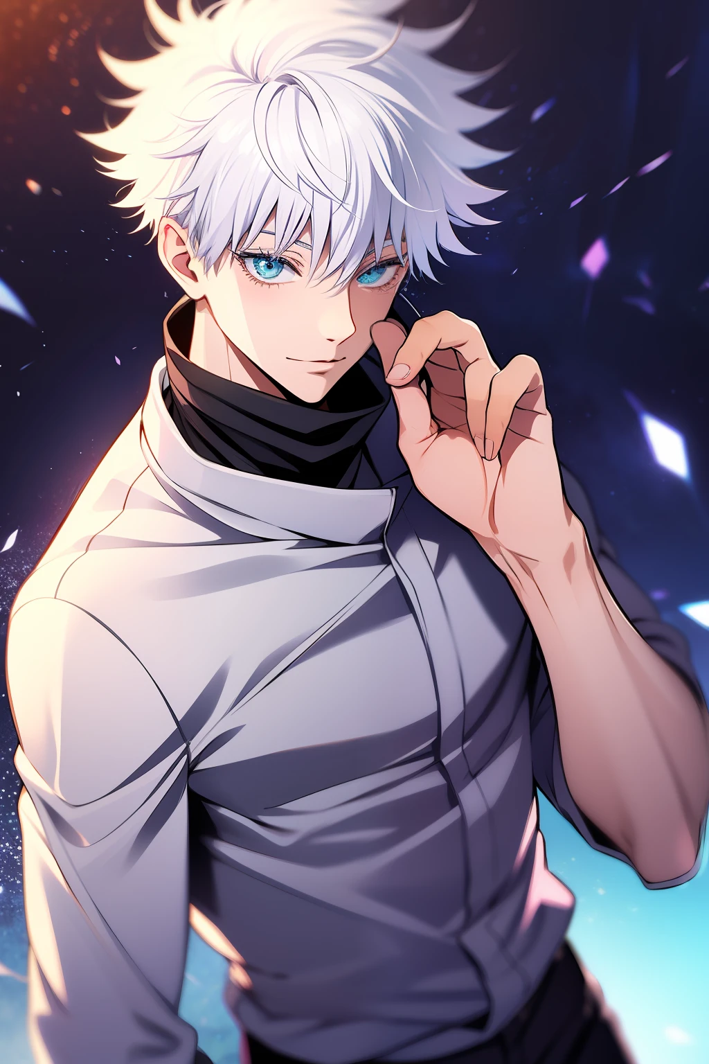 Messy white hair, aquamarine eyes, white eyelashes, jujutsu kaisen, Gojo Gojo, black costume, jujutsu kaisen,