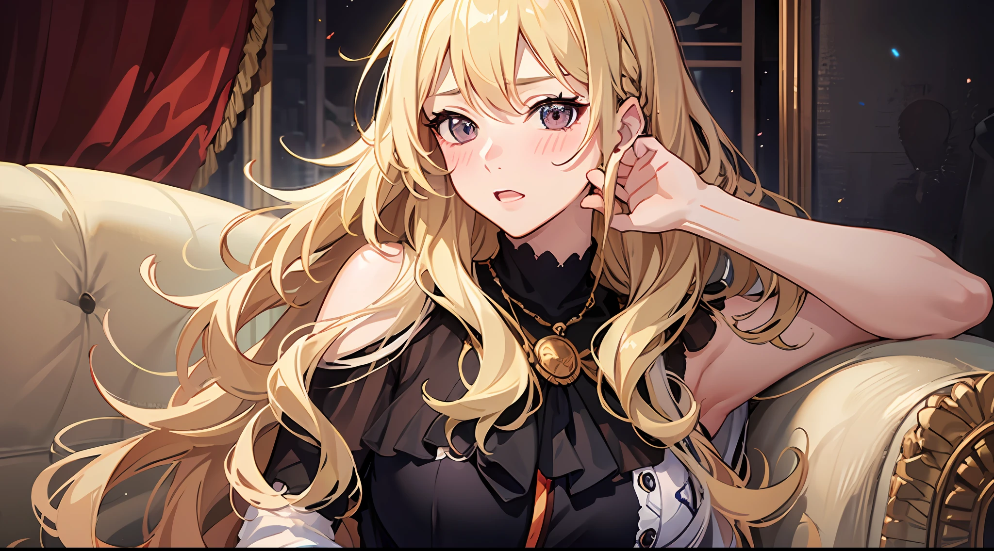 1Women，(Long fluffy blonde hair:1.6)，one piece dress，Mature woman，Rich and noble families，In a villa，Stand in front of the sofa in the living room，It was dark，There is moonshine，There are lights in the living room，Ultra-detailed CG，exquisite facial features，Clear facial expressions，Detailed digital anime art，digital anime art，High quality anime art style，Shy, Blush, Ear blush, full blush, flustered，Quietly watching the audience