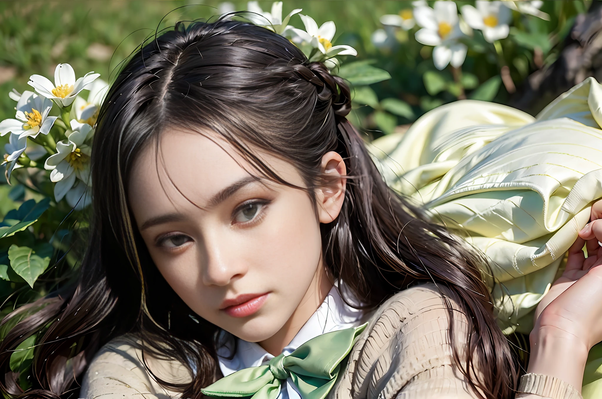 One woman with a faint smile、A full body、Pure white silk socks、Lying on the lawn in the garden、(Photoreal:1.4)、(Hyperrealistic:1.4)、(Realistic:1.3)、(Smooth lighting:1.05)、(Improved cinematic lighting quality:0.9)、(with a shallow depth of field)、32 k、1girls、20 year old adult woman、Bright spring morning natural light、Back lighting、Facial Lights、ray-traced、(brightened light:1.2)、(Quality improvement:1.4)、(Realistic textured skin of the highest quality:1.4)、small tits、fine detailed eyes、detailed faces、Small face、Fine quality eye、Brown eyes、ponie tail、Braiding、Ribbons in the hair、Floral blouse with ruffles、bowtie、Green glass jar with water、The back of the background is white and blurry.