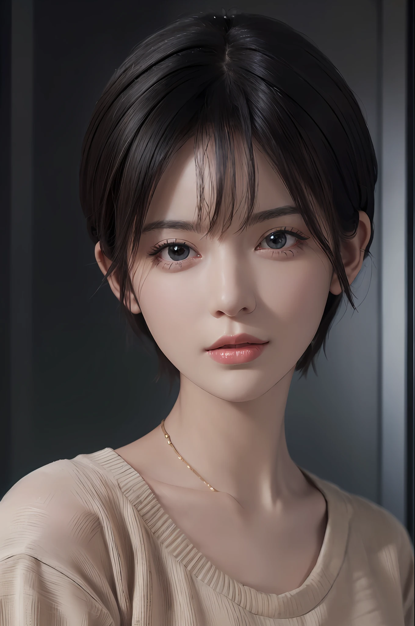 (masterpiece:1.3), (8k, photorealistic, RAW photo, best quality: 1.4), (1girl), beautiful face, (realistic face), (black hair, short hair:1.3), beautiful hairstyle, realistic eyes, beautiful detailed eyes, (realistic skin), beautiful skin, (sweater), absurdres, attractive, ultra high res, ultra realistic, highly detailed, golden ratio