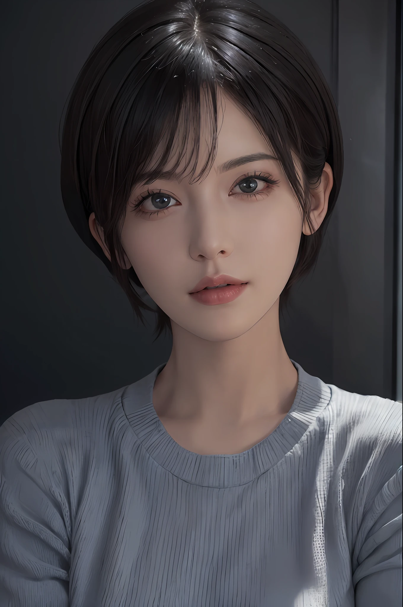 (masterpiece:1.3), (8k, photorealistic, RAW photo, best quality: 1.4), (1girl), beautiful face, (realistic face), (black hair, short hair:1.3), beautiful hairstyle, realistic eyes, beautiful detailed eyes, (realistic skin), beautiful skin, (sweater), absurdres, attractive, ultra high res, ultra realistic, highly detailed, golden ratio