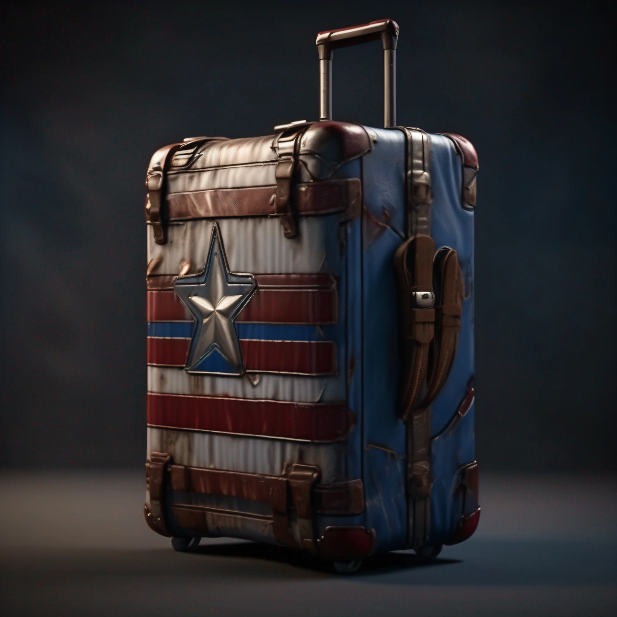 (masterpiece), (best quality), (ultra detailed), (full body: 1.2), A close-up of a luggage suitcase in the style of Marvel's Captain America suit, battle damaged, empty background, 8k, Ultra Detailed, cinematic light