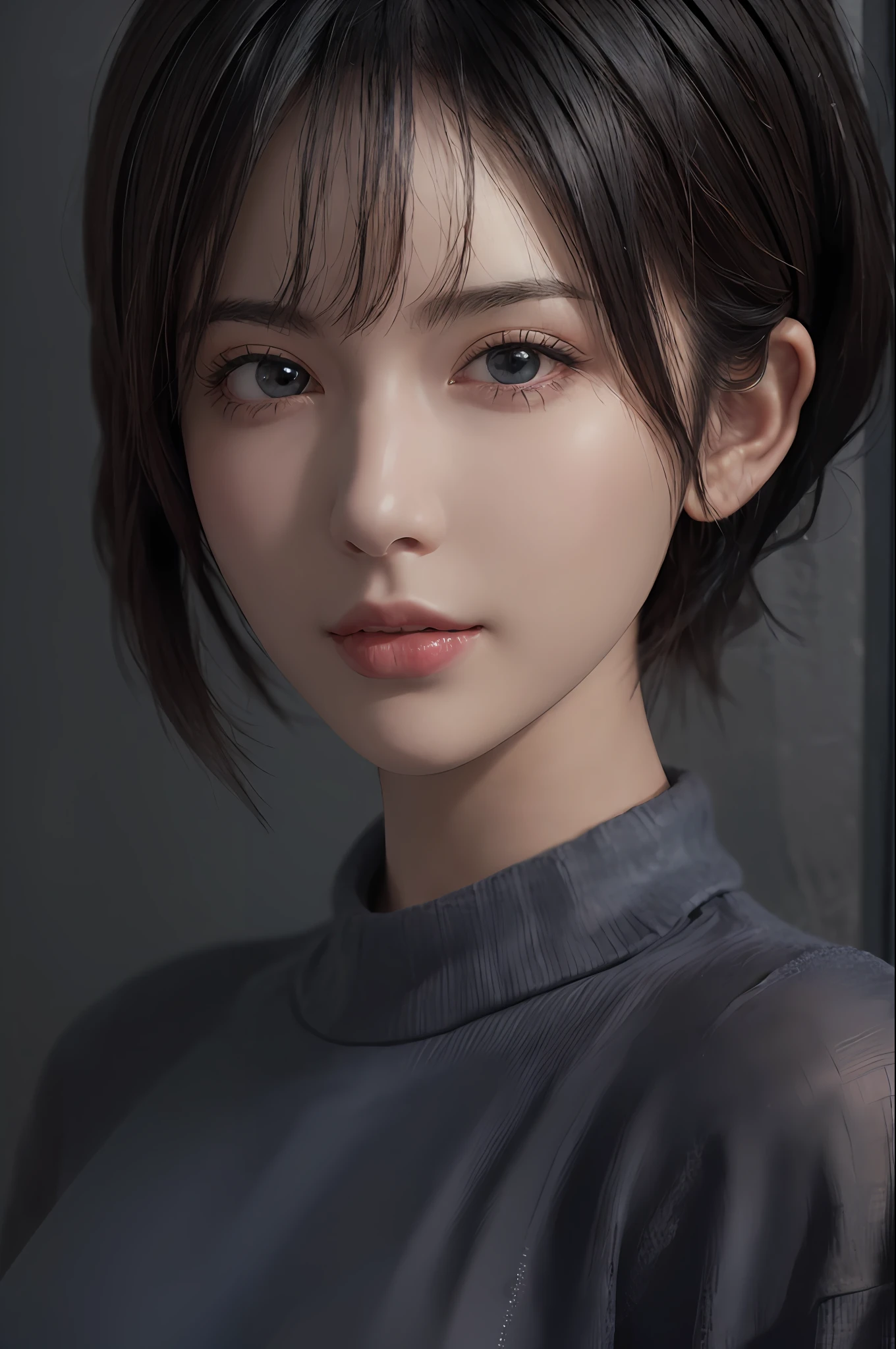 (masterpiece:1.3), (8k, photorealistic, RAW photo, best quality: 1.4), (1girl), beautiful face, (realistic face), (black hair, short hair:1.3), beautiful hairstyle, realistic eyes, beautiful detailed eyes, (realistic skin), beautiful skin, (sweater), absurdres, attractive, ultra high res, ultra realistic, highly detailed, golden ratio