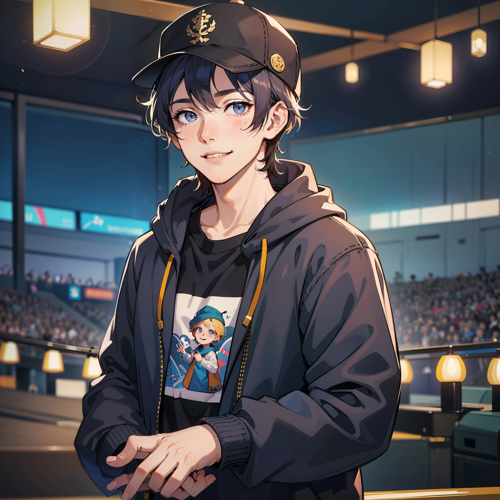 A young man is at a concert, His attire consists of a dark blue sweatshirt whose hands then in his pockets, He also wears a Bocket hat and is looking at the smiling viewer. senario, corpo todo.