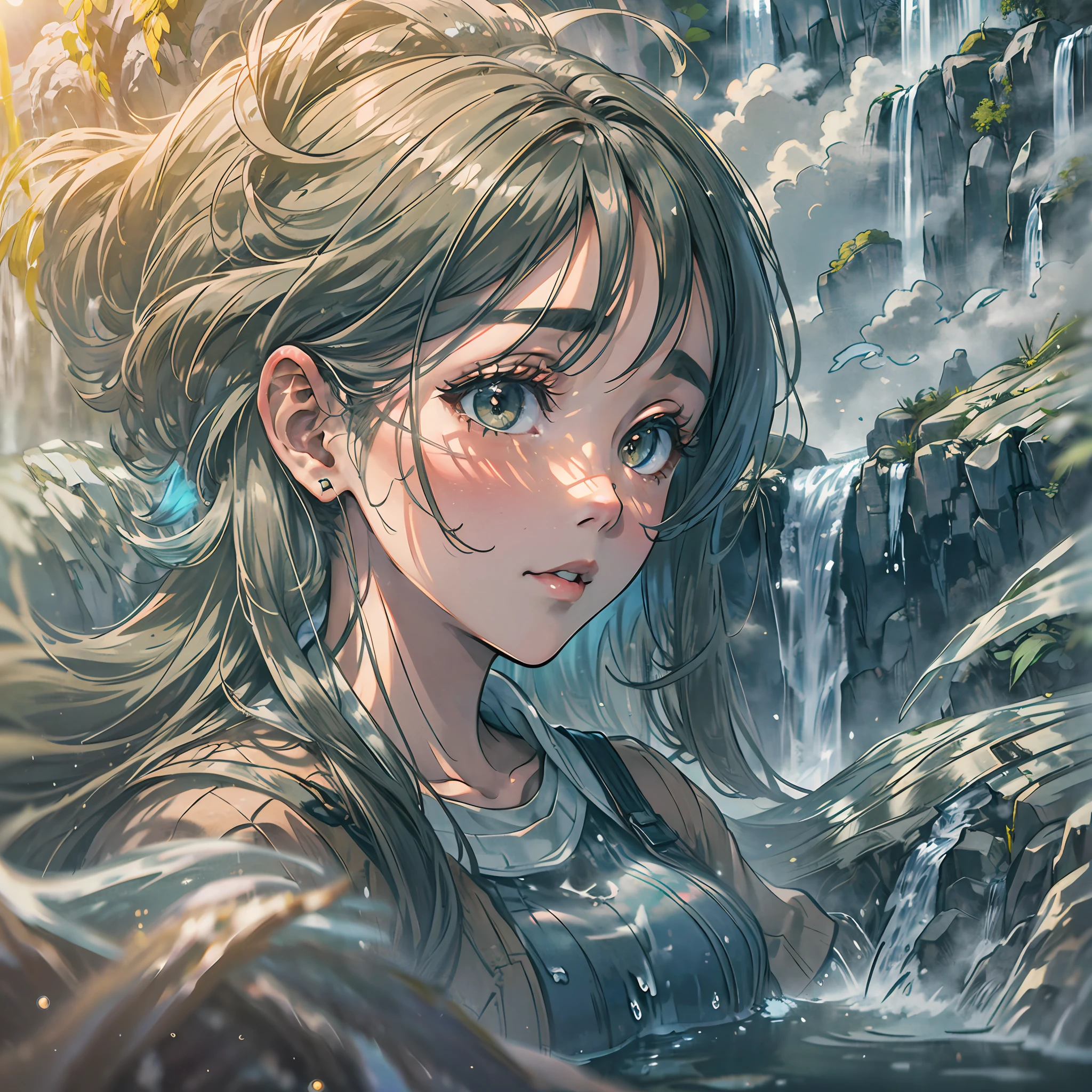 (award winning 64k concept art:1.3) of (young woman looking down at the (waterfall of clouds):1.3), close to camera, sweet, front, epic, (masterpiece:1.4), (best quality:1.4), Amazing, beautiful, finely detailed, (Depth of field:1.4), extremely detailed 64k, fine art, stunning, (light reflections:1), (crisp:1.6), twin tails, vibrant, (edge detection:1.4), absurdres, impressive, 120mm, clear, lens flare, wide shot, wide angle, dreamy, colorful
