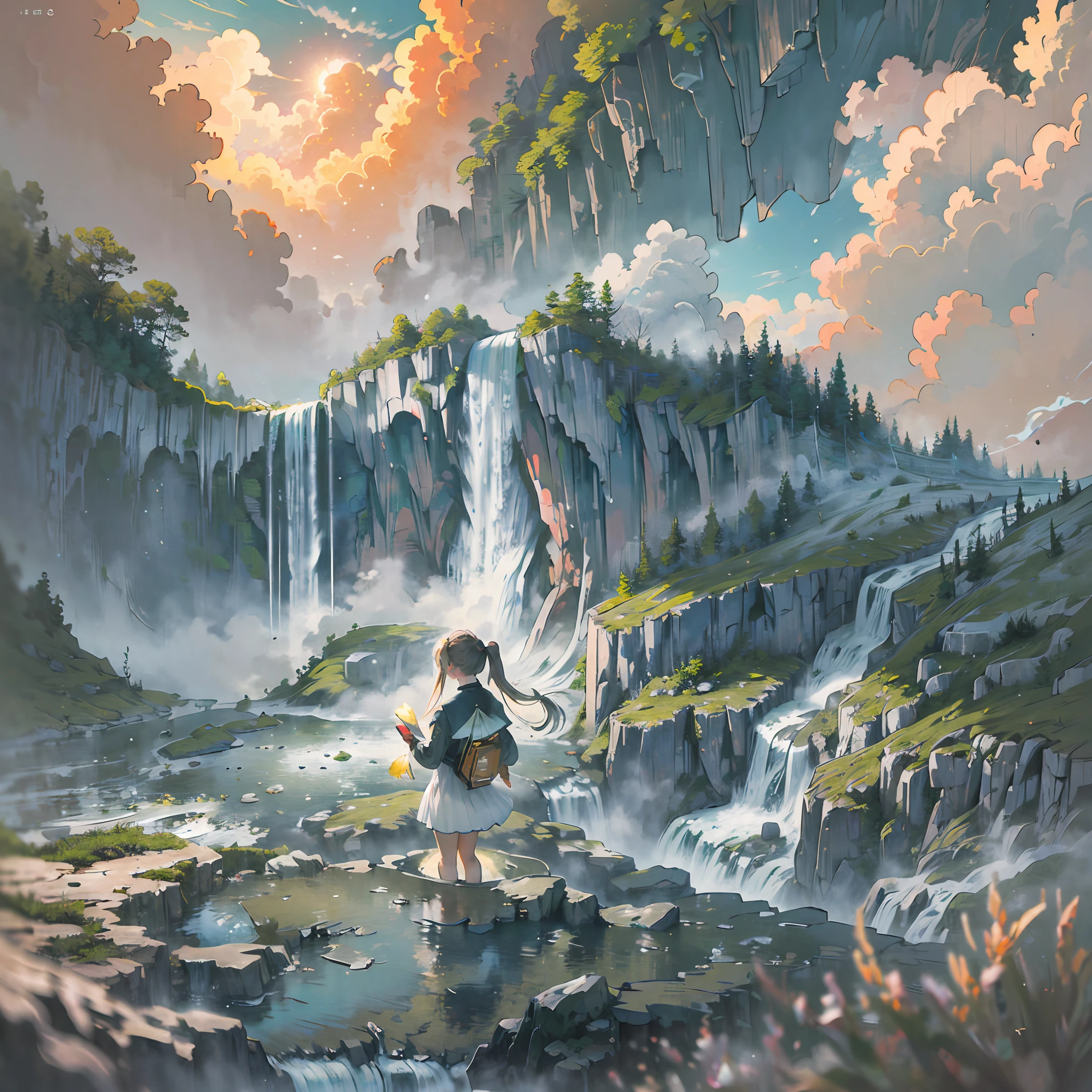 (award winning 64k concept art:1.3) of (young woman looking down at the (waterfall of clouds):1.3), close to camera, sweet, front, epic, (masterpiece:1.4), (best quality:1.4), Amazing, beautiful, finely detailed, (Depth of field:1.4), extremely detailed 64k, fine art, stunning, (light reflections:1), (crisp:1.6), twin tails, vibrant, (edge detection:1.4), absurdres, impressive, 120mm, clear, lens flare, wide shot, wide angle, dreamy, colorful