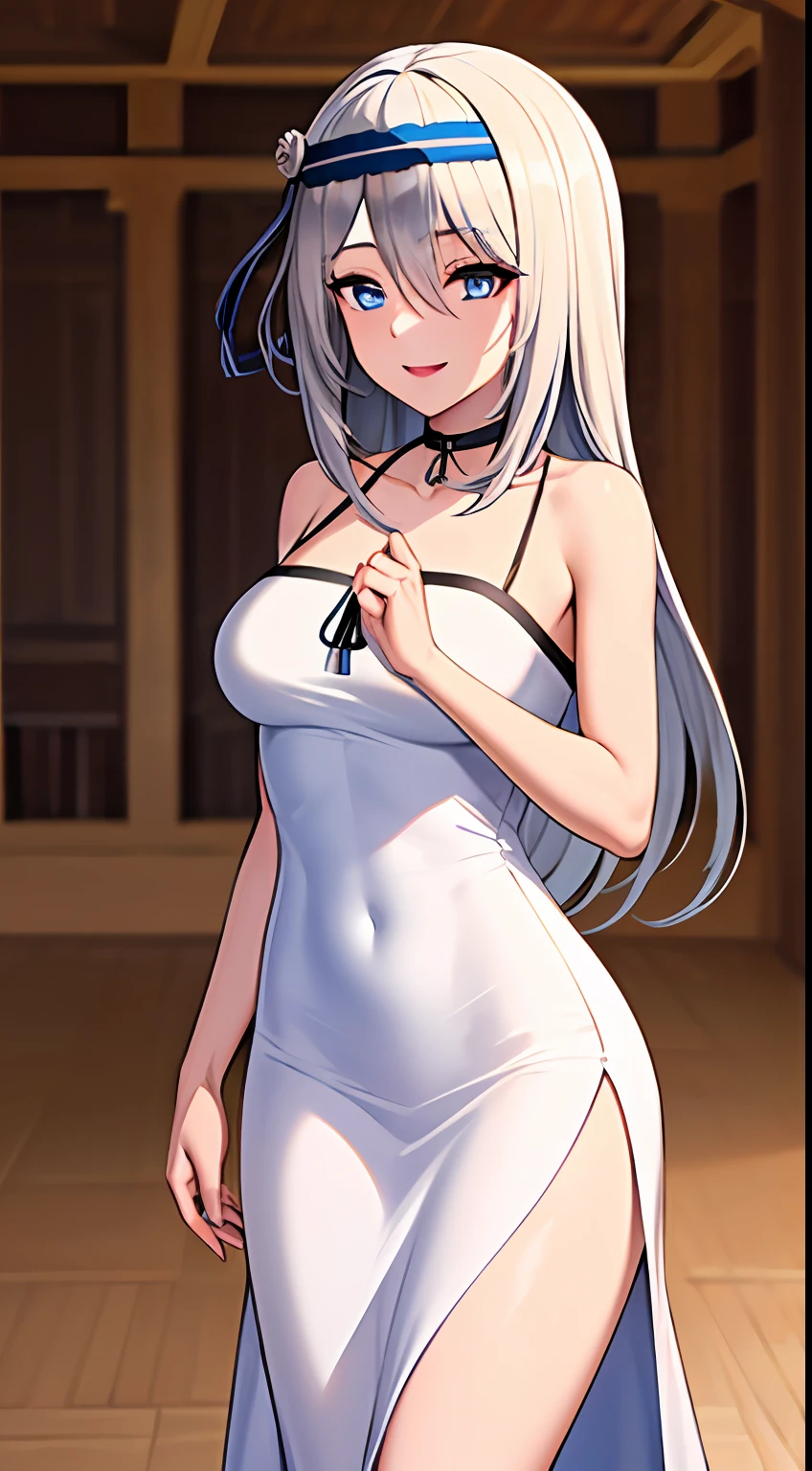 (masterpiece), (best quality), highres, kei1, 1girl, solo, blue eyes, long hair, (wears a red Venezuelan gala dress), ribbon, bangs, collarbone, (gray hair), black hair band, neck ribbon, hair between eyes, medium breasts, cowboy shot, smile, (anatomically correct full body), this inside a Venezuelan house, detailed full escenario