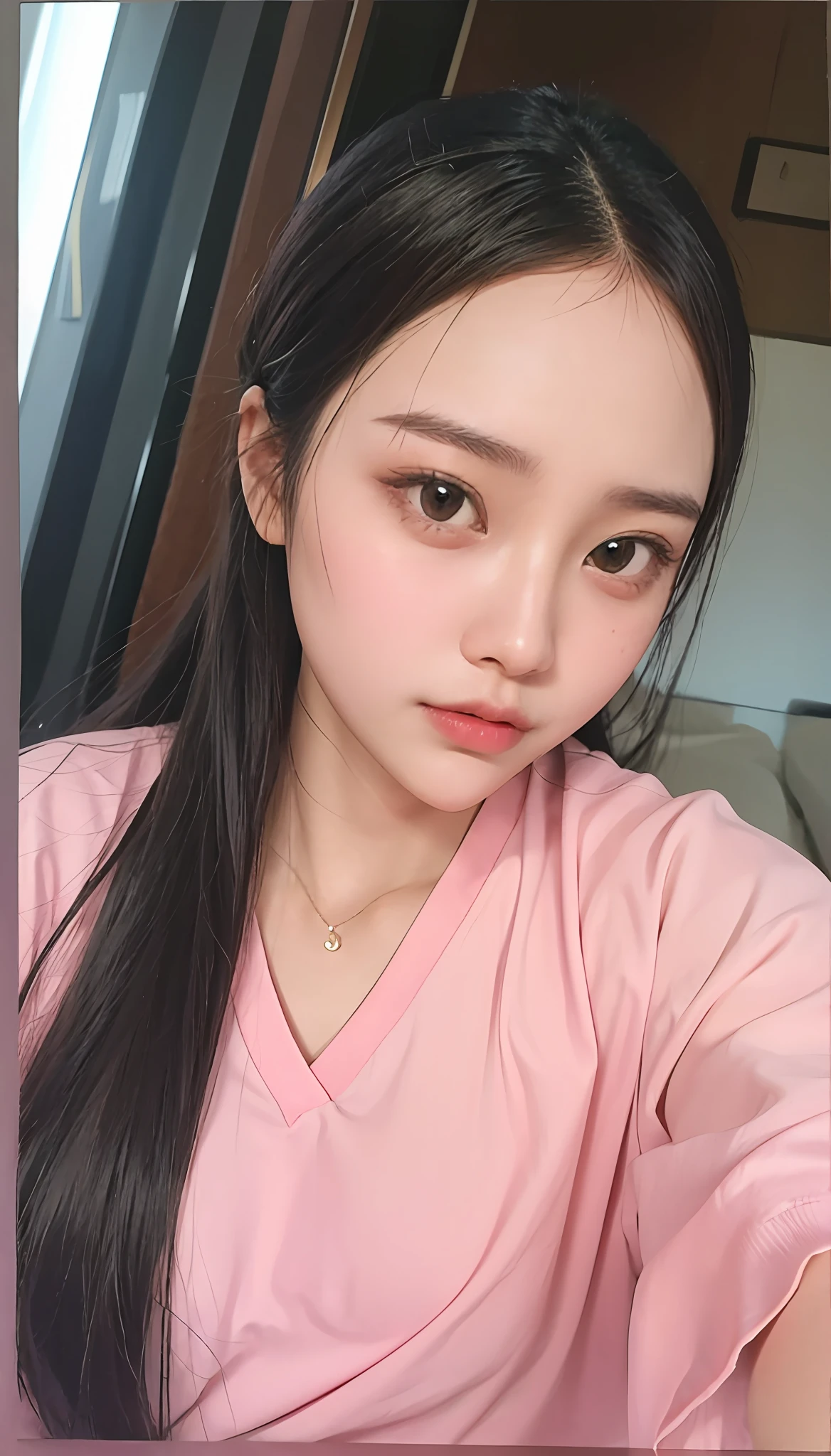 a close up of a woman with long hair wearing a pink shirt, nivanh chanthara, dang my linh, 18 years old, 2 , asian girl, 2 7 years old old, 21 years rs old woman, 3 0 years old woman, 2 3 years old, an asian woman