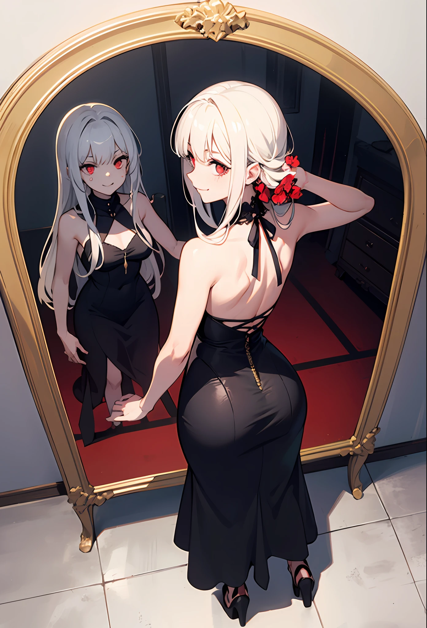 Complicated details,anime posters,((nmasterpiece,最佳质量)),((filmlight)),Huge mirror,1 girl in the mirror,Looks beautiful and dangerous,looking at the spectator,独奏,demonic,Red eyes,Horrible,Spooky smile,Blood,A full body,Expose your back,Buttocks wrapped in black gauze,Delicate figure,Spooky dress,eerie atmosphere,(Watching from above:1.8),Arcane,Quiet,The mirror shattered,Hands stretched out from the mirror,Horror anime\(styles\),(((amaryllis))),flower sea,Red-black tones,Spooky and scary style,Gloomy atmosphere,detailed back ground,beautiful detailed eyes,
