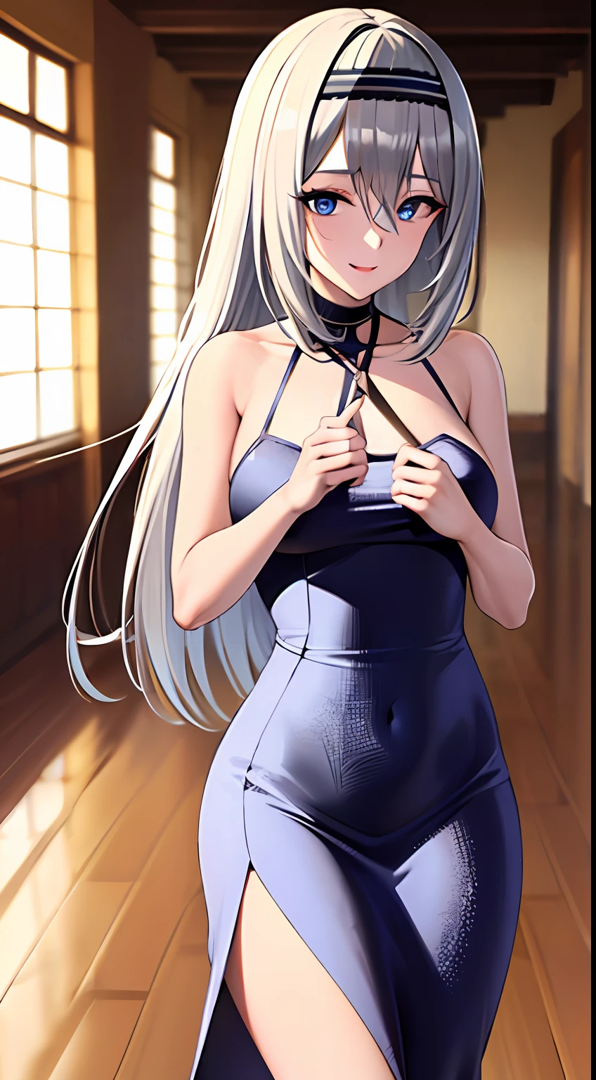 (masterpiece), (best quality), highres, kei1, 1girl, solo, blue eyes, long hair, (wears a red Venezuelan gala dress), ribbon, bangs, collarbone, (gray hair), black hair band, neck ribbon, hair between eyes, medium breasts, cowboy shot, smile, (anatomically correct full body), this inside a Venezuelan house, detailed full escenario