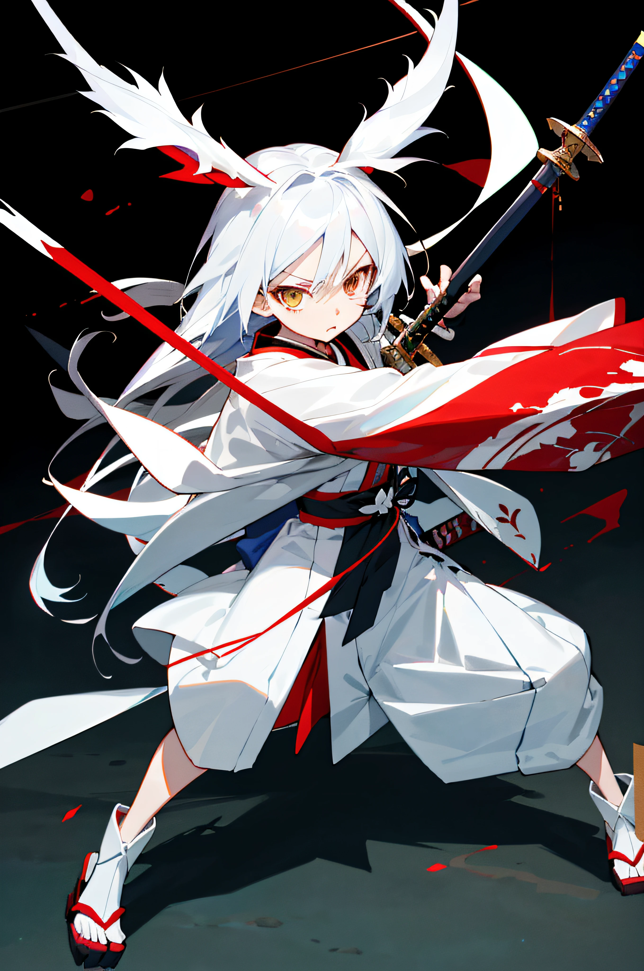 The anime character holds the hilt of a sword in his left hand and a long sword and sword in his right hand, The fox believer holds a long sword, animegirl, white haired deity, Best anime 4k konachan wallpaper, onmyoji, badass anime 8 k, gapmoe yandere, white fox anime, Kantai collection style, offcial art