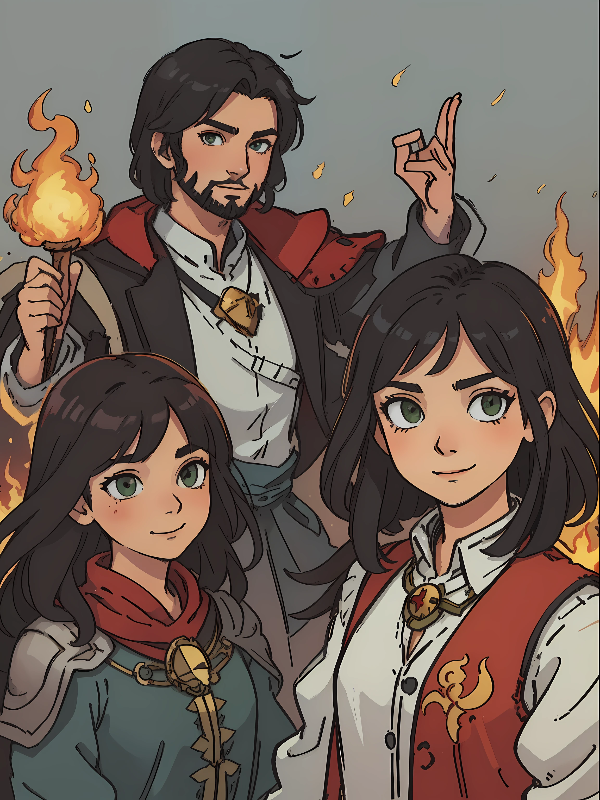 masterpiece, best quality, realistic, 1 man, mature man, tall muscular, beautiful, smile, cunning smile, closed mouth, portrait, extremely detailed face, masterpiece, thin man, handsome man ( 1 boy), shoulder-length black hair, medium length hair, light stubble, facial hair, green eyes, red vest, white shirt, fire mage, sorcerer, strong magician, detailed, detailed, particles, aristocratic, royalty, full-length, different poses, different angles, standing, dynamic pose, dynamic angle