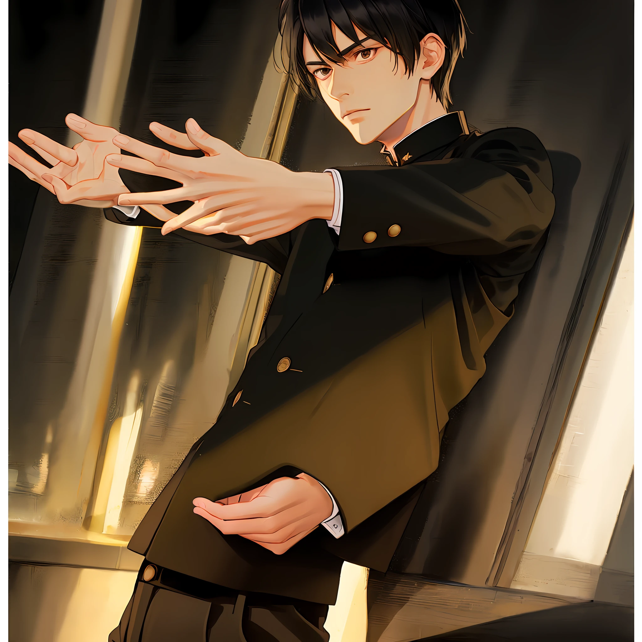 FH, Masterpiece, best quality, sharp, contrast, realistic drawing, tall black haired man, short hair,
Gakuran, a man in a black gakuran and pants standing with his arms crossed , man wearing the gakuran, golden buttons