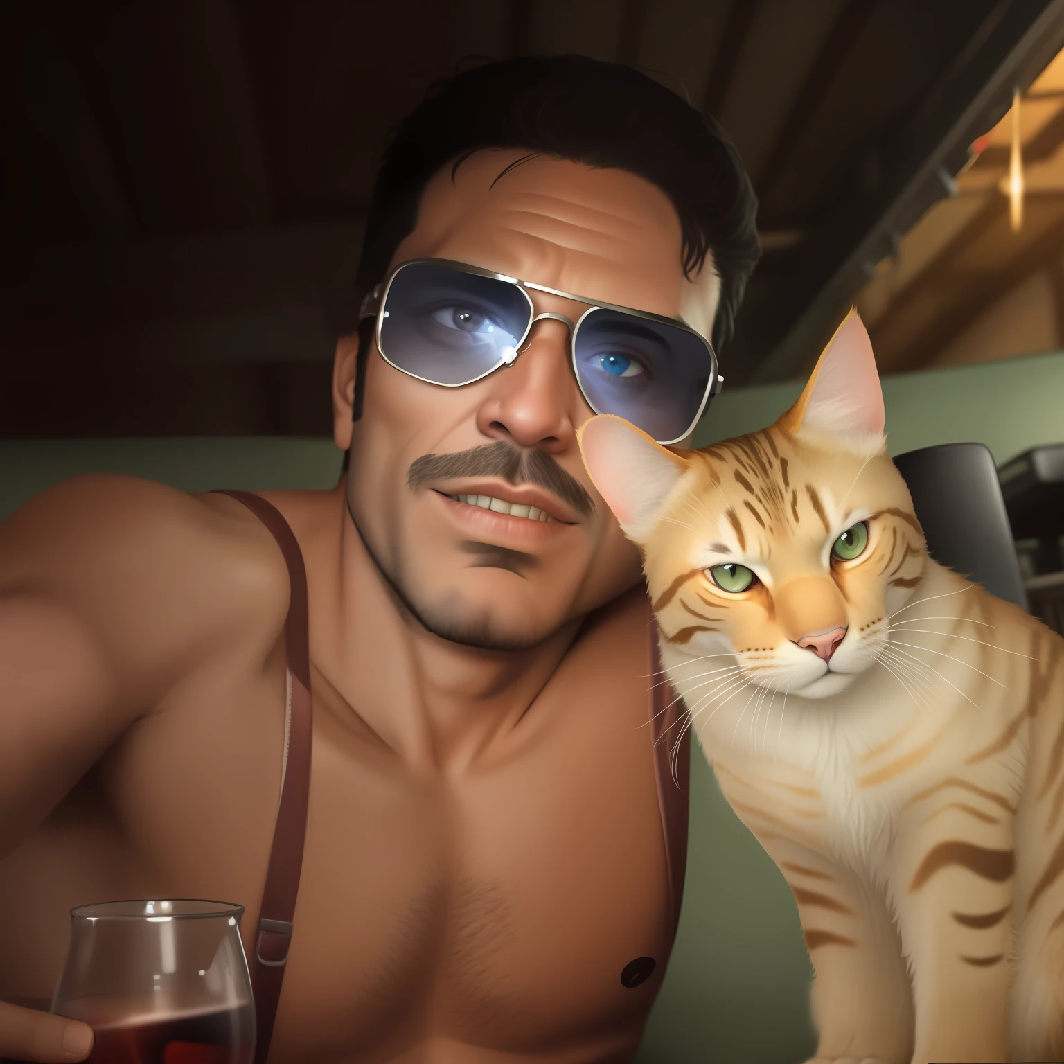 there is a man with sunglasses and a cat that is sitting on a table, caio santos, Com Garfield, o gato dos desenhos animados, foto selfie, salvador, Directed by: Nandor Soldier, selfie acidental, with sun glasses, vacation photo, Dan dos Santos, John Picacio e Brom, Directed by: Samuel Silva, com gato pequeno no colo, !!!! Gato!!!!, Someone