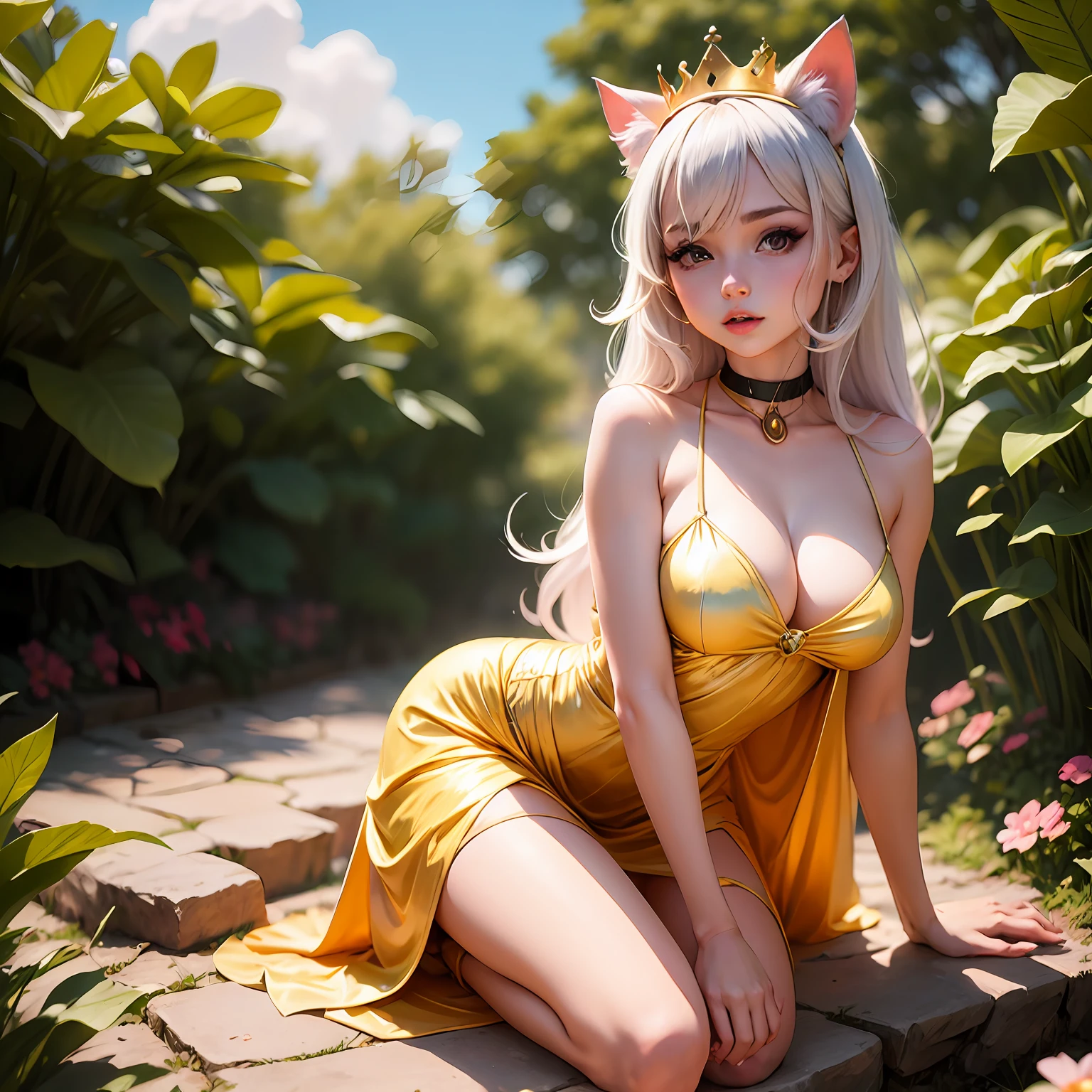 blond haired girl in a yellow dress and crown posing in a garden, Diosa del anime, Hermosa joven catgirl, Princesa del Loto Dorado, Fey Reina del Bosque de Verano, Diosa del verano, Muy hermosa chica gato anime, muy hermosa linda catgirl, Anime Girl Cosplay, Con armadura de gato dorado, Hermosa catgirl de anime, La diosa del verano, Anime de cosplay, Atractiva chica gato