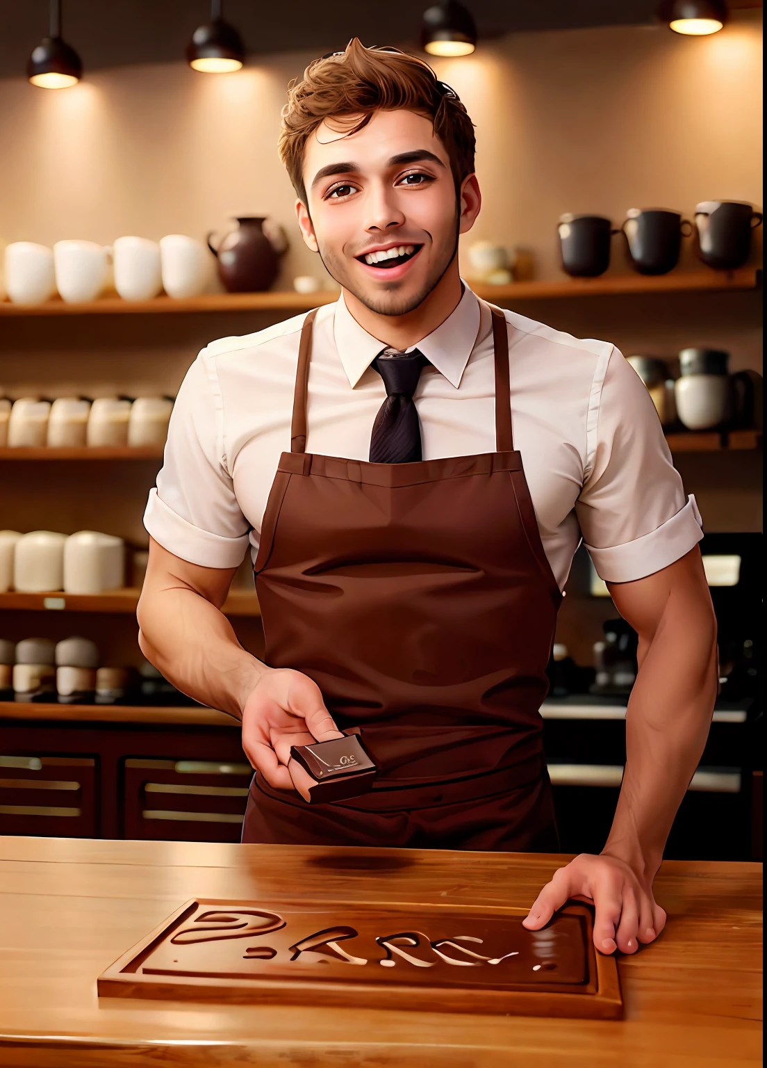 homem jovem lindo barista brasileiro de avental marrom sorridente fazendo chocolate