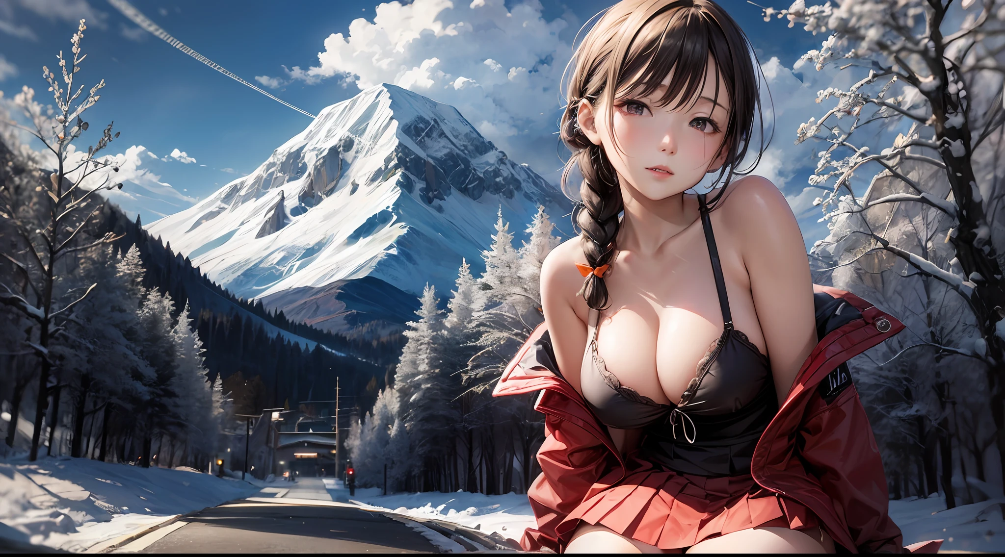 （chainsawman、Makima）、Brown skin、Japan schoolgirl sailor suit、（Orange braid）、Young、Cute、a beautifulchi girl、Perfect style、HugeBoobs、Emphasizes cleavage、deadpan、Realstic、Realistic、８ｋ、intensely detailed、HighestQuality、Top image quality、UltraHighResolution、A masterpice、only girl、（Snowy mountains in the background）、