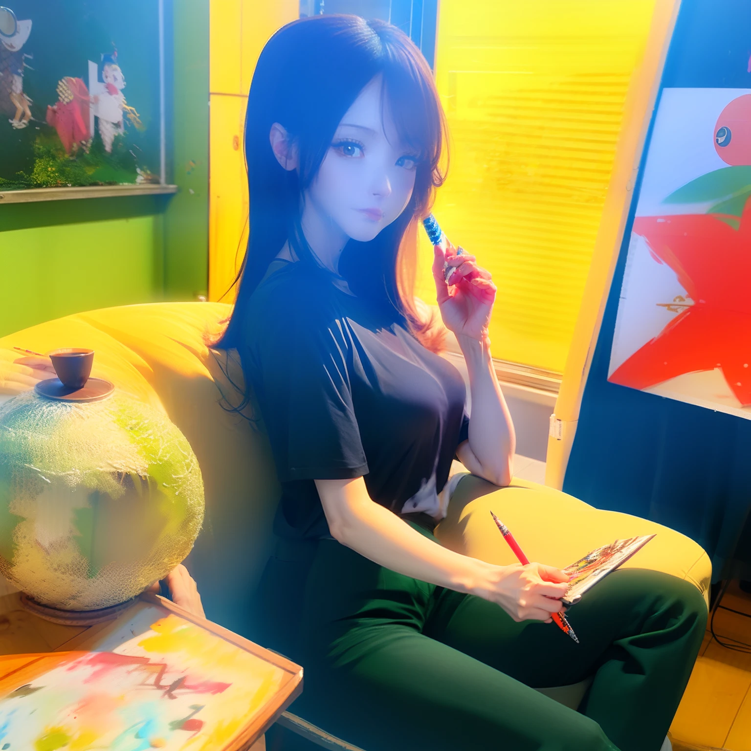 anime - style woman in a black shirt and khaki pants holding a pen, painted in anime painter studio, digital anime illustration, Casual pose, Smooth anime CG art, realistic art style, realistic anime artstyle, digital anime art, official character art, Detailed digital anime art, Anime moe art style, High quality anime art style, detailed anime character art