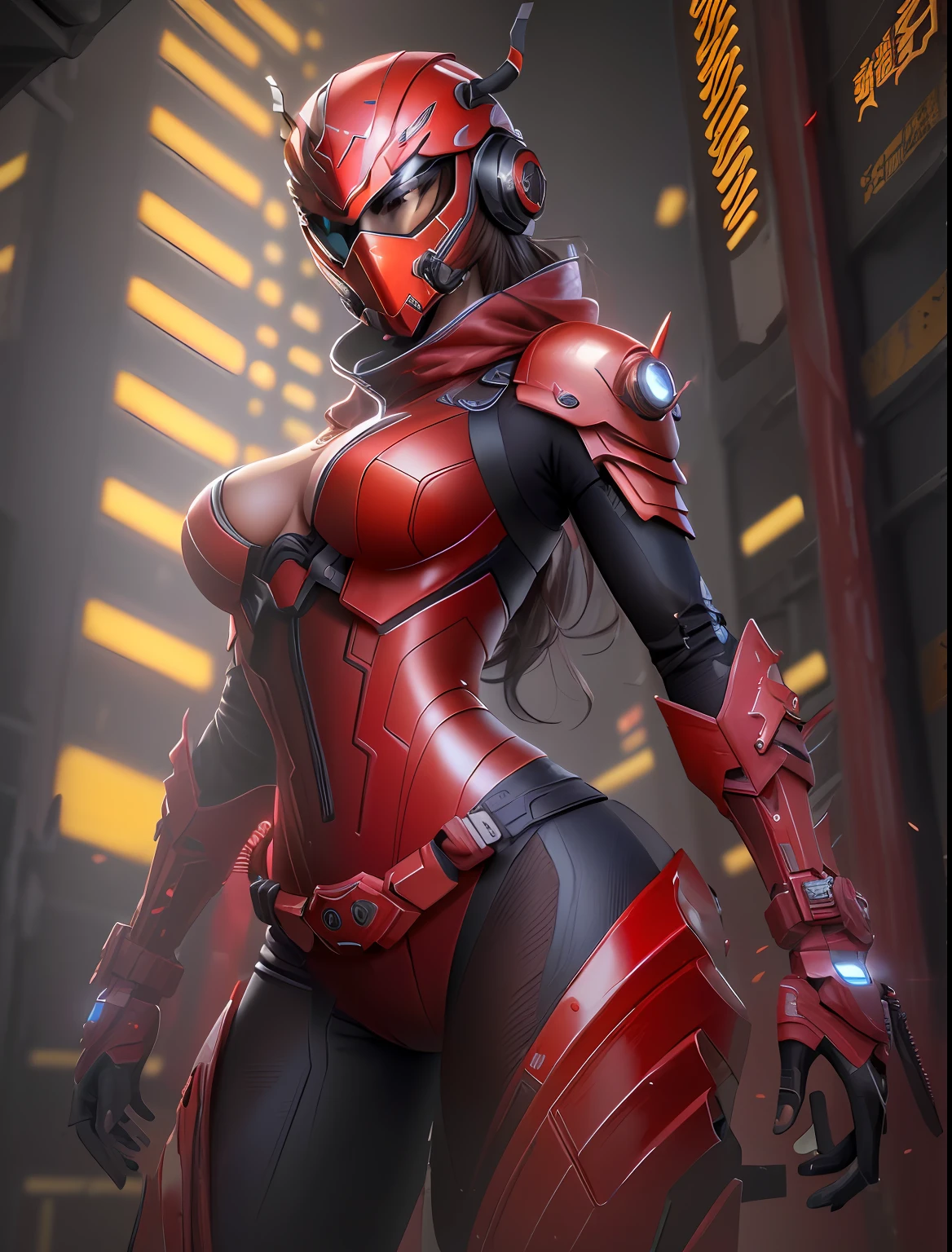 (highest quality)), ((masterpiece)), (Details:1.4), 3D,1girl , Full body image, Image of beautiful Chinese woman in red scorpion cyberpunk suit, (Scorpion woman), Scorpion arm decoration on head, ((Scorpion image headgear)), ((Full face helmet with scorpion motif))),((Scorpion-like mask)), ((Mask hides face)), (Chinese clothing style fighting suit),(((knee protector)) Chun-Li Style, Shocker Belt, Kung Fu, Scorpion, Chinese Kung Fu Girl, Kung Fu Pose, HL, Ray Tracing, NVIDIA RTX, Super Resolution, Unreal 5, Subsurface Scattering, PBR Texturing, Post Processing, Anisotropic Filtering, depth of field, maximum clarity and sharpness, multi-layer textures, albedo and specular maps, surface shading, accurate simulation of light material interactions, slender perfect proportions, sharp eyeliner,(full body)),sharp focus, octane rendering, two-tone lighting, large aperture, low ISO, white balance, rule of thirds, 8K RAW, circuit board AI, 4K, fog, night city background,a close up of a woman in a red suit with a helmet on, lady in red armor, artgerm julie bell beeple, cyberpunk cyborg wasp, dominatrix assassin robot, trending on artstation 4k, trending on artstation hd, Red Armor, inspired by Marek Okon, 3 d render character art 8 k, cgsociety inspired