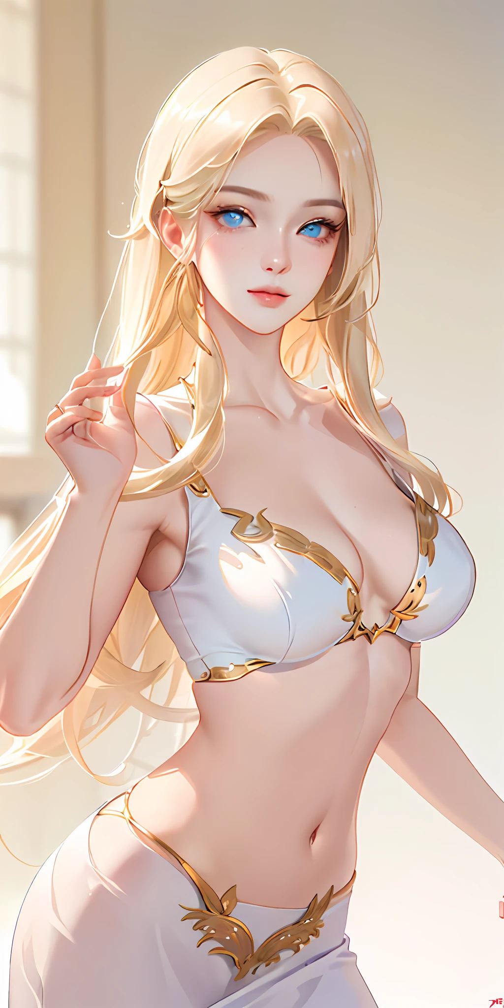 (Photorealistic:1.4), (Masterpiece, Sidelight, Fine Beautiful Eyes: 1.2), Masterpiece*Portrait, Realistic, 3D Face, Luminous Eyes, Glossy Hair, Glossy Skin, Alone, Embarrassing, (Epigastric), Blonde Hair, medium breast, navel, gown, slim legs