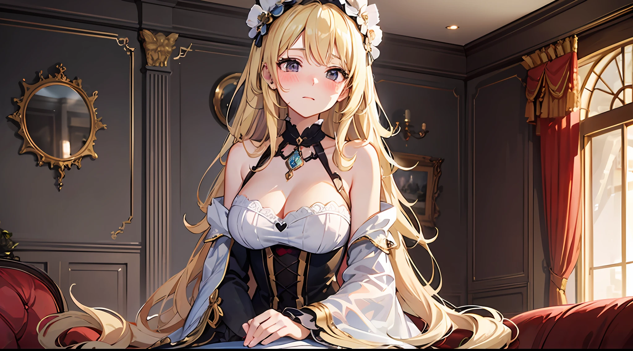 1Women，(Long fluffy blonde hair:1.6)，one piece dress，Mature woman，Rich and noble families，In a villa，Stand in front of the sofa in the living room，It was dark，There is moonshine，There are lights in the living room，Ultra-detailed CG，exquisite facial features，Clear facial expressions，Detailed digital anime art，digital anime art，High quality anime art style，Shy, Blush, Ear blush, full blush, flustered，Squint at the audience