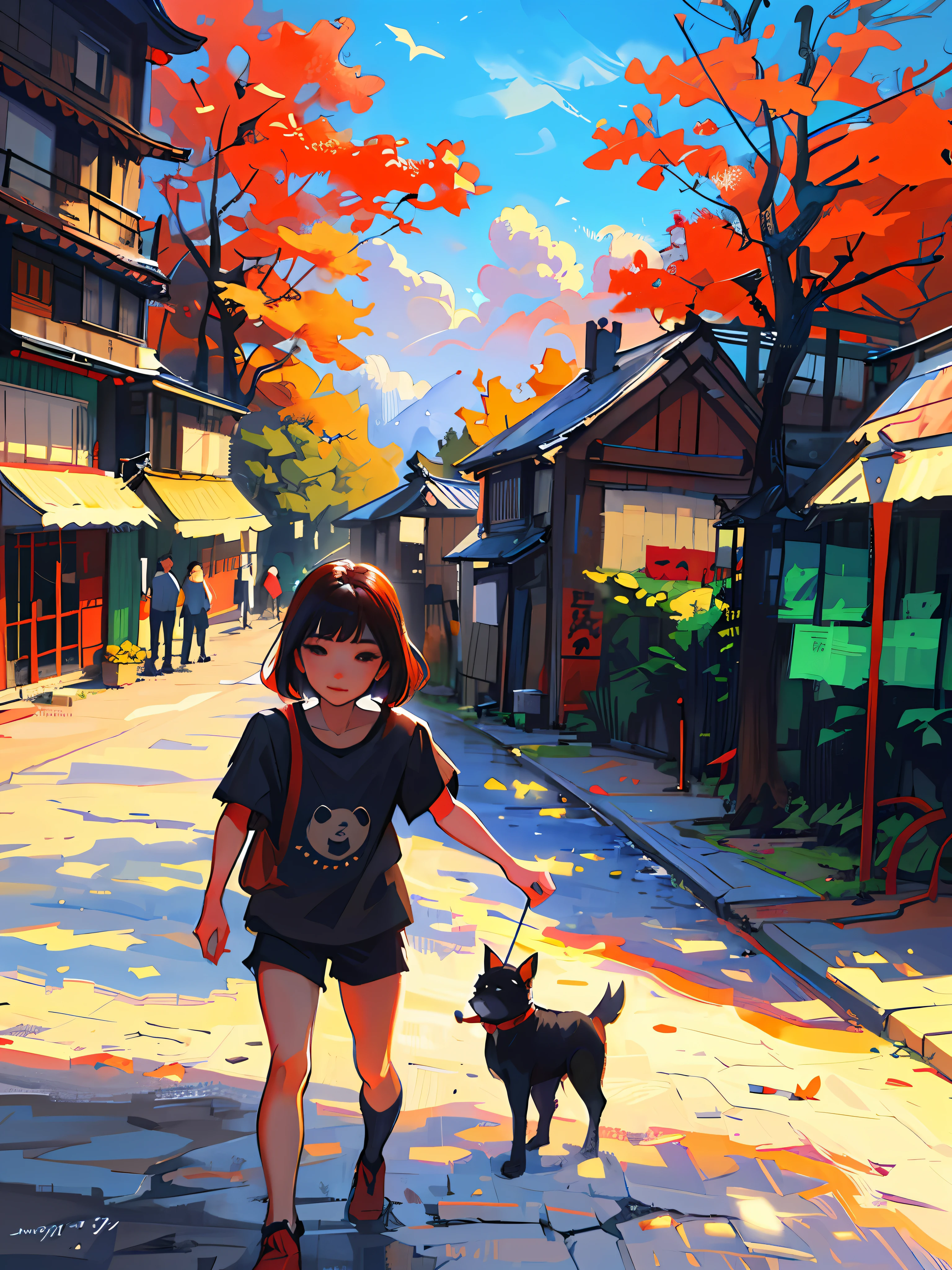 painting of a girl walking a dog down a street in a village, hiroya oku painterly, by Li Zai, by Ni Duan, by Ni Yuanlu, by Yamagata Hiro, by Yang J, by Ni Zan, by Kim Myeong-guk, by Kim Hwan-gi, by Ye Xin, inspired by Yeong-Hao Han