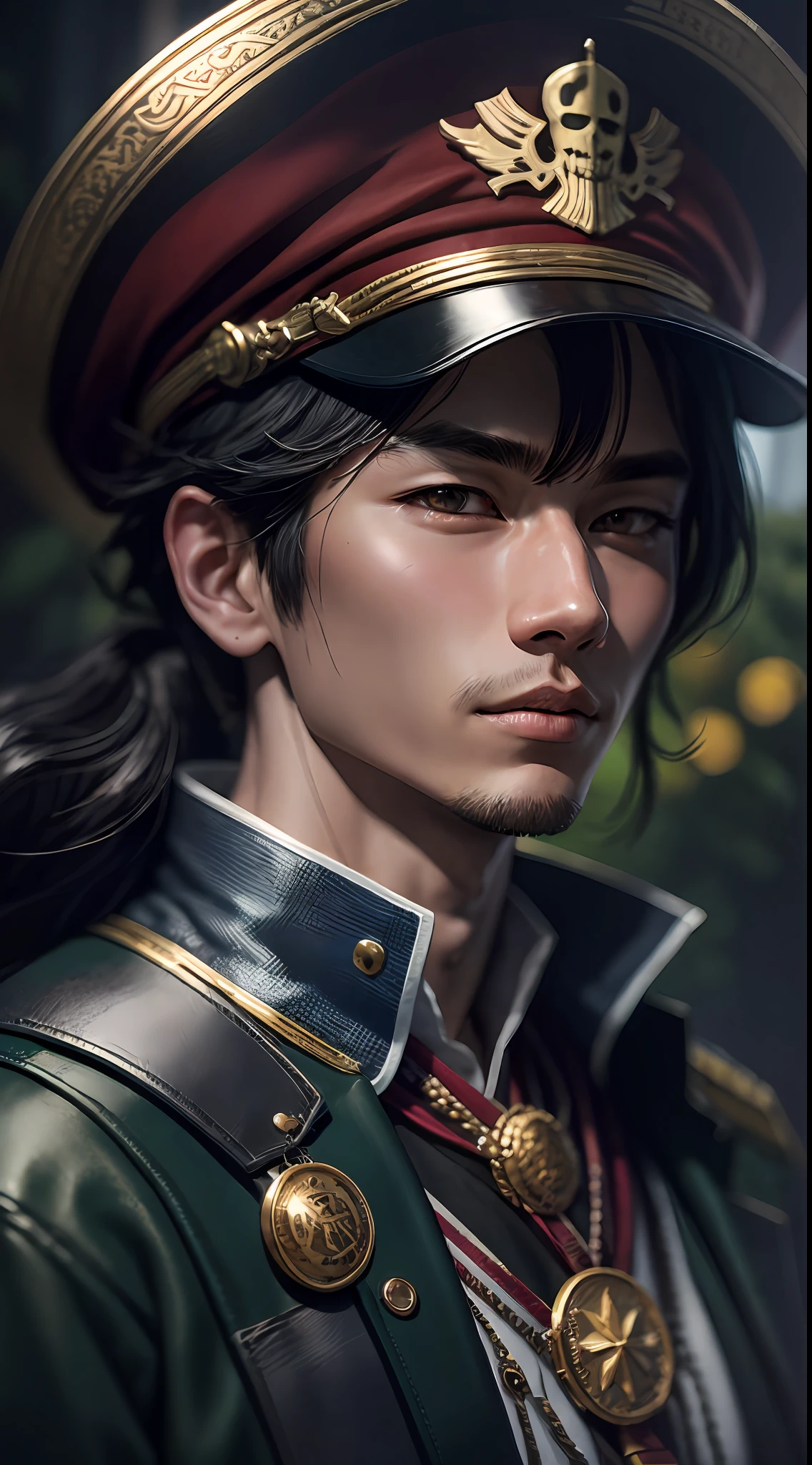 "Hyper-realistic, 品质最佳, 超细节的, CG Unity 8k wallpaper, portrait of a beautiful, Very young male officer Asian、On his pirate ship，Close up of，Look sideways at the camera，Head slightly forward，military attire，Large brimmed hat、Collar、shoulder strap、medal"