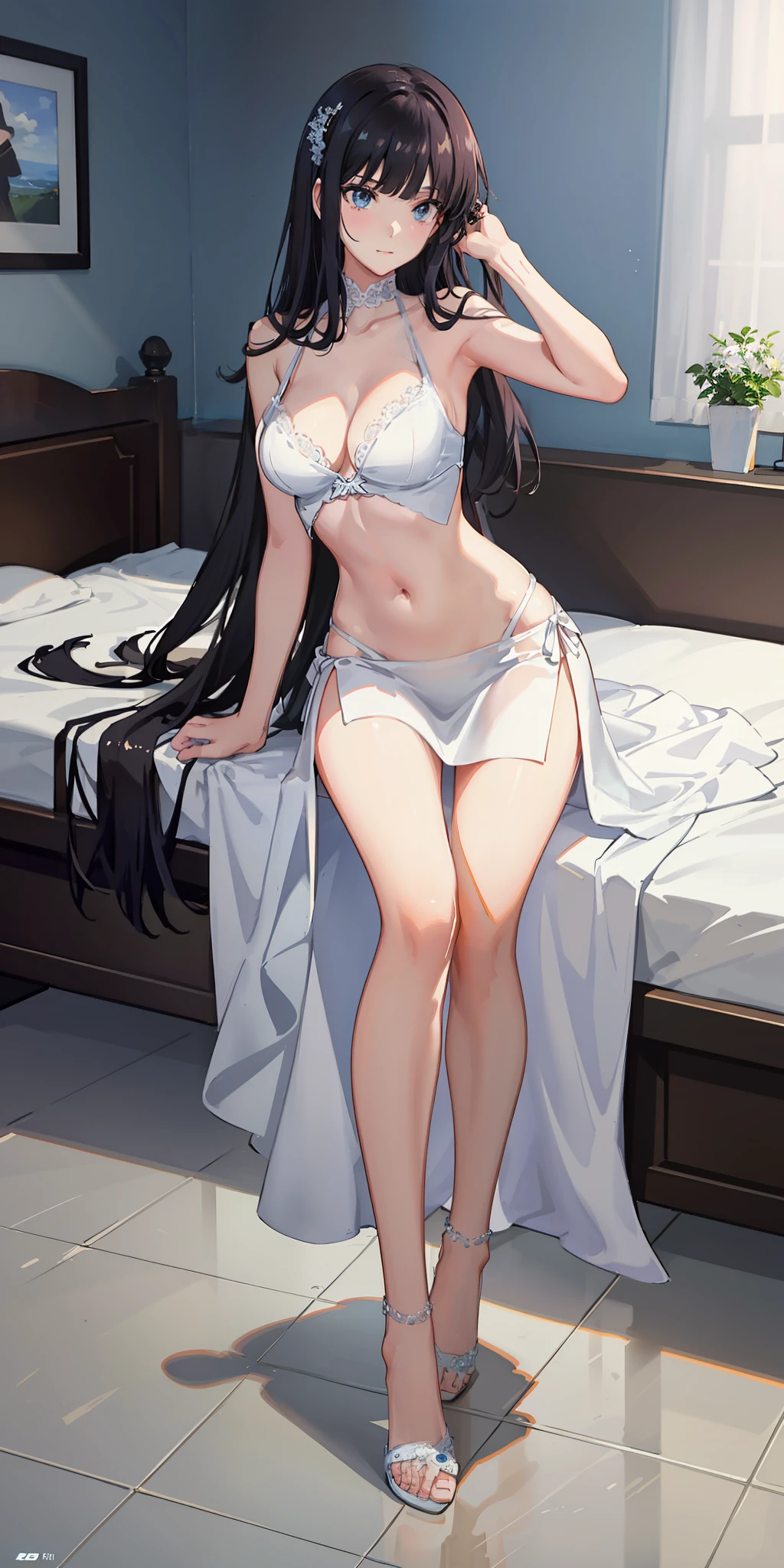masterpiece, best quality, ultra-detailed, illustration,1girl,
long hair, black hair,
medium breast, white gown, slim legs, navel, nervous, bedroom, leaning