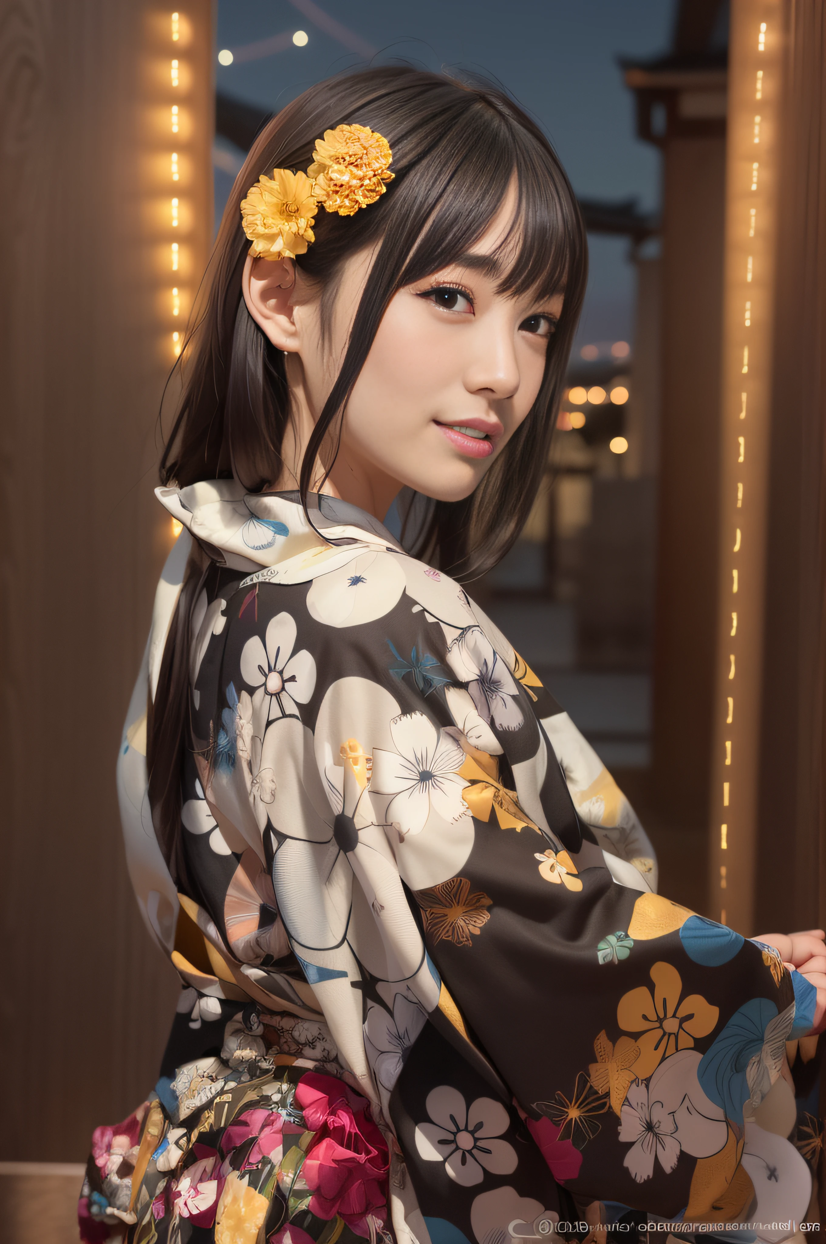 arafed asian woman in a kimono with a flower in her hair, a beautifu、a maiden、in a kimono, Ayaka, bathrobe, classy yukata clothing, in a kimono, takada akemi, Wearing kimono, Wearing a colorful yukata, Wearing a kimono, kinomoto sakura, Assuming々Shishi Japan of Girls, Ayami, Japanese-style, japanese kimono、((Fireworks in the background))、Night city、night scenery --auto